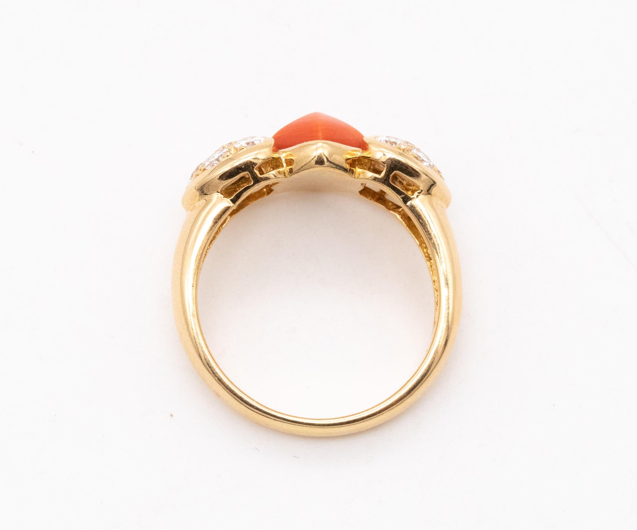 Christian Dior 1970 Paris Ring 18 Karats Gold with 1.96 Ctw Diamonds and Coral In Excellent Condition For Sale In Miami, FL