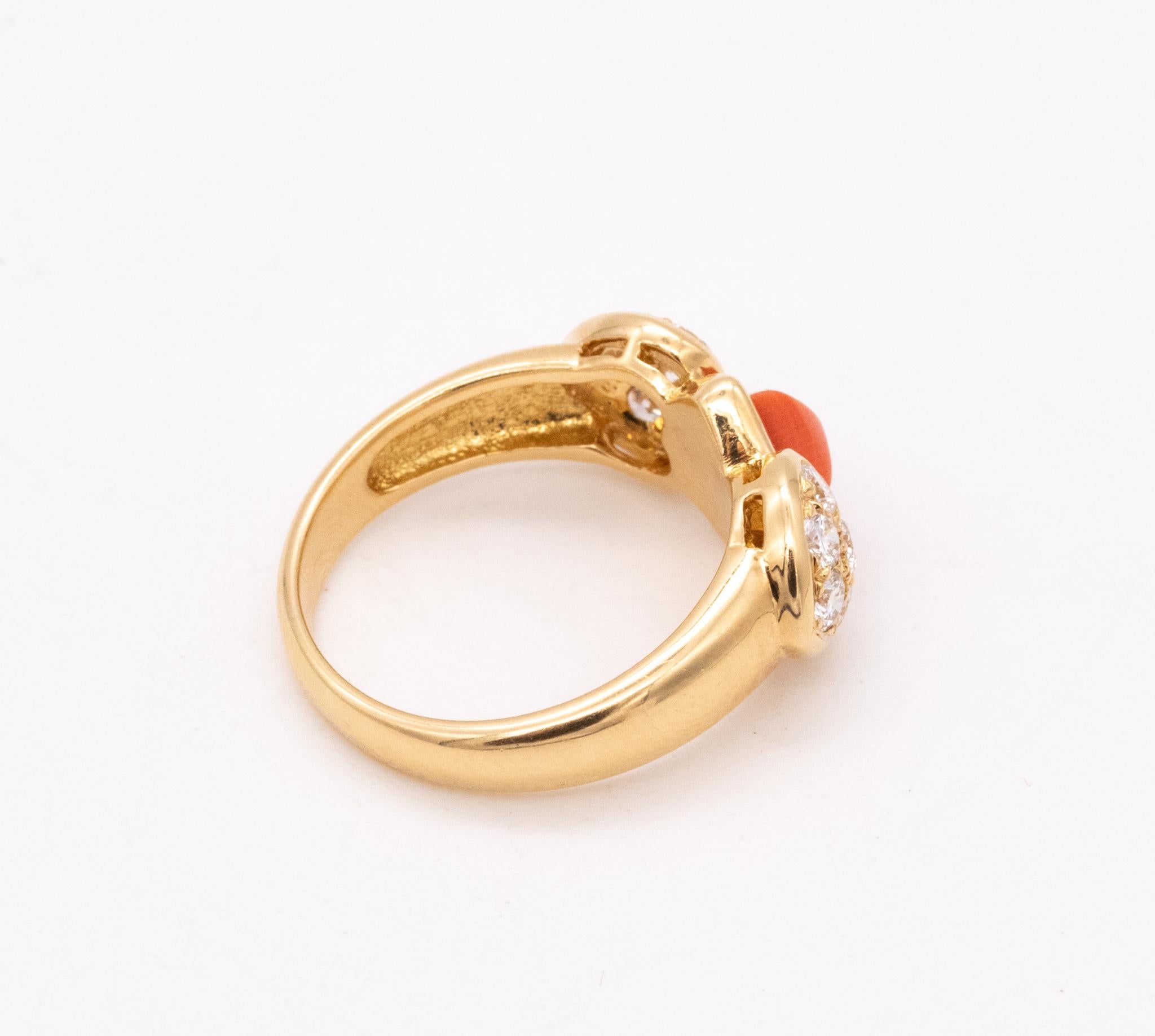 Women's Christian Dior 1970 Paris Ring 18 Karats Gold with 1.96 Ctw Diamonds and Coral For Sale