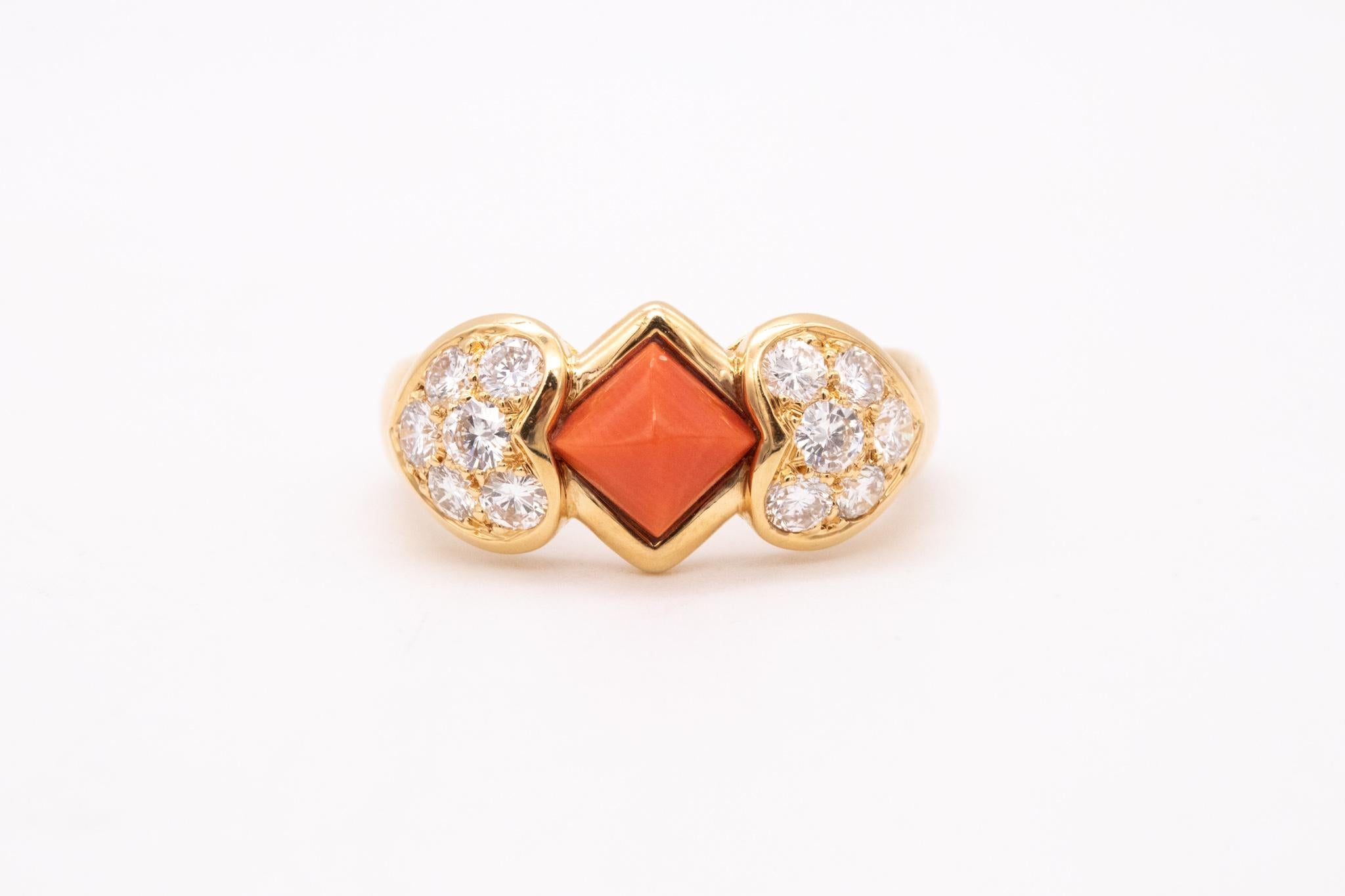 Christian Dior 1970 Paris Ring 18 Karats Gold with 1.96 Ctw Diamonds and Coral For Sale 1