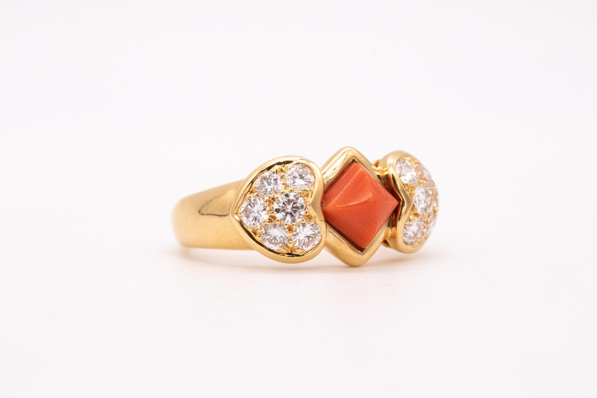 Christian Dior 1970 Paris Ring 18 Karats Gold with 1.96 Ctw Diamonds and Coral For Sale 2