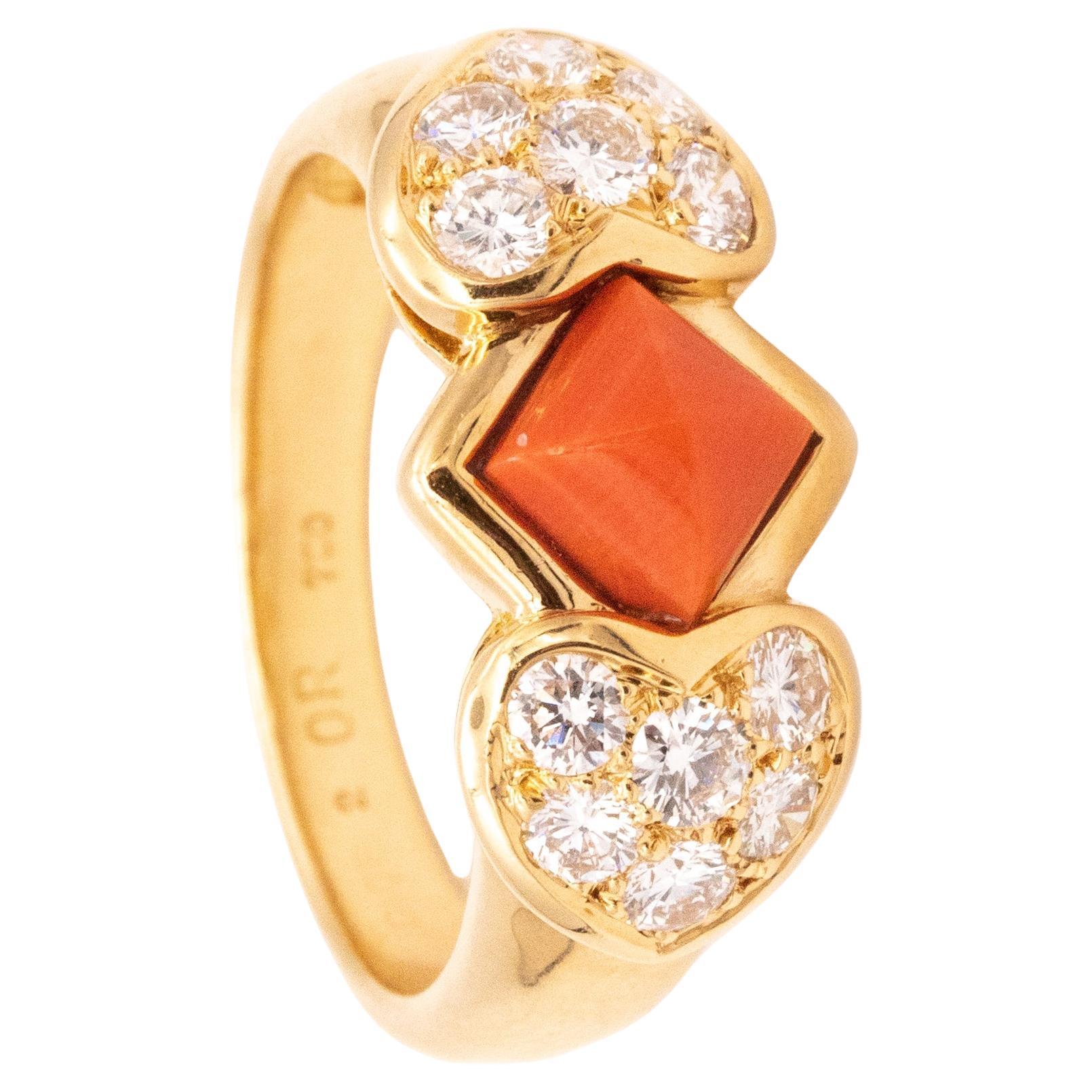 Christian Dior 1970 Paris Ring 18 Karats Gold with 1.96 Ctw Diamonds and Coral For Sale