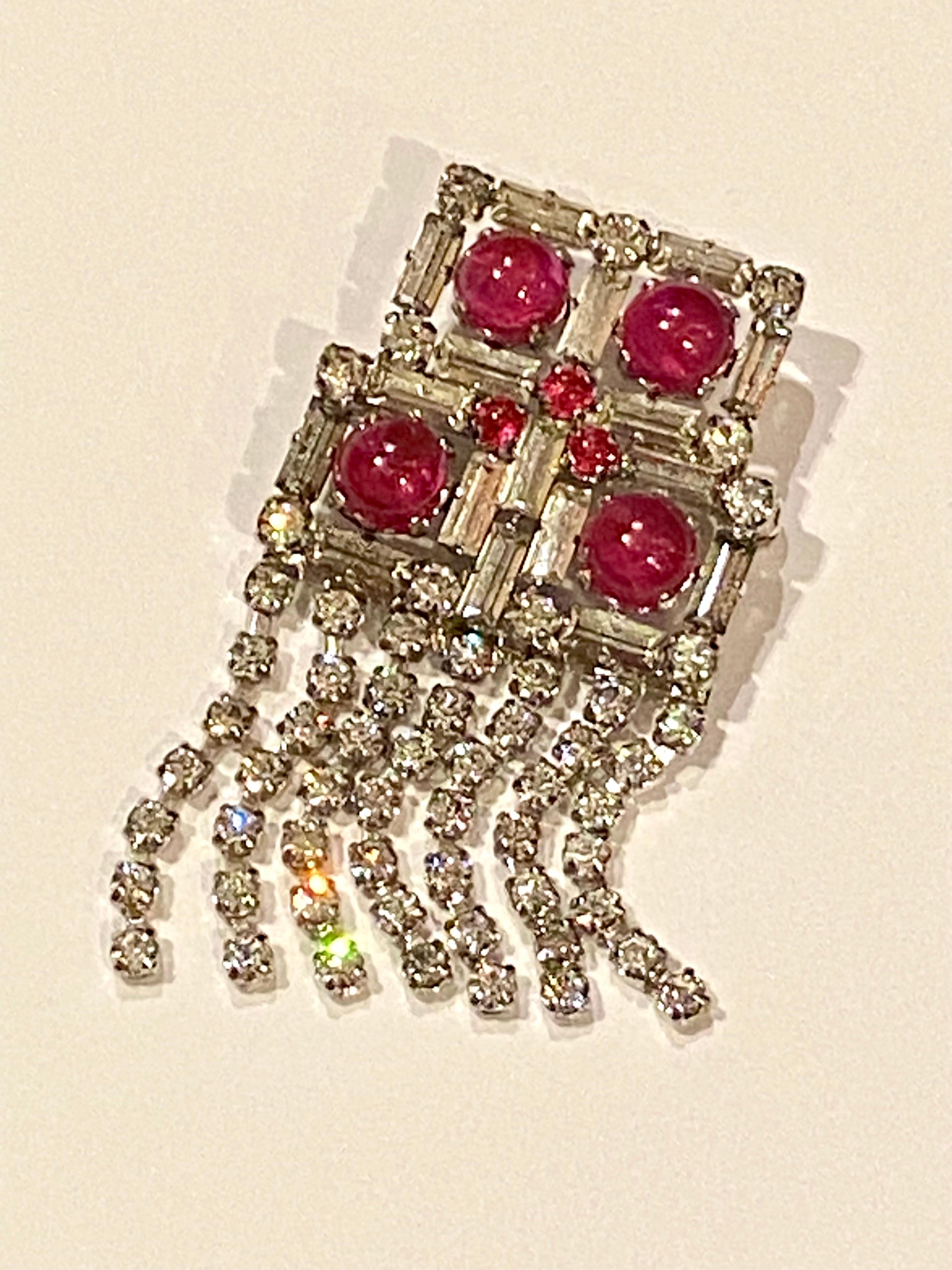 Christian Dior 1970 Red Cabochon & Rhinestone Fringe Brooch 8