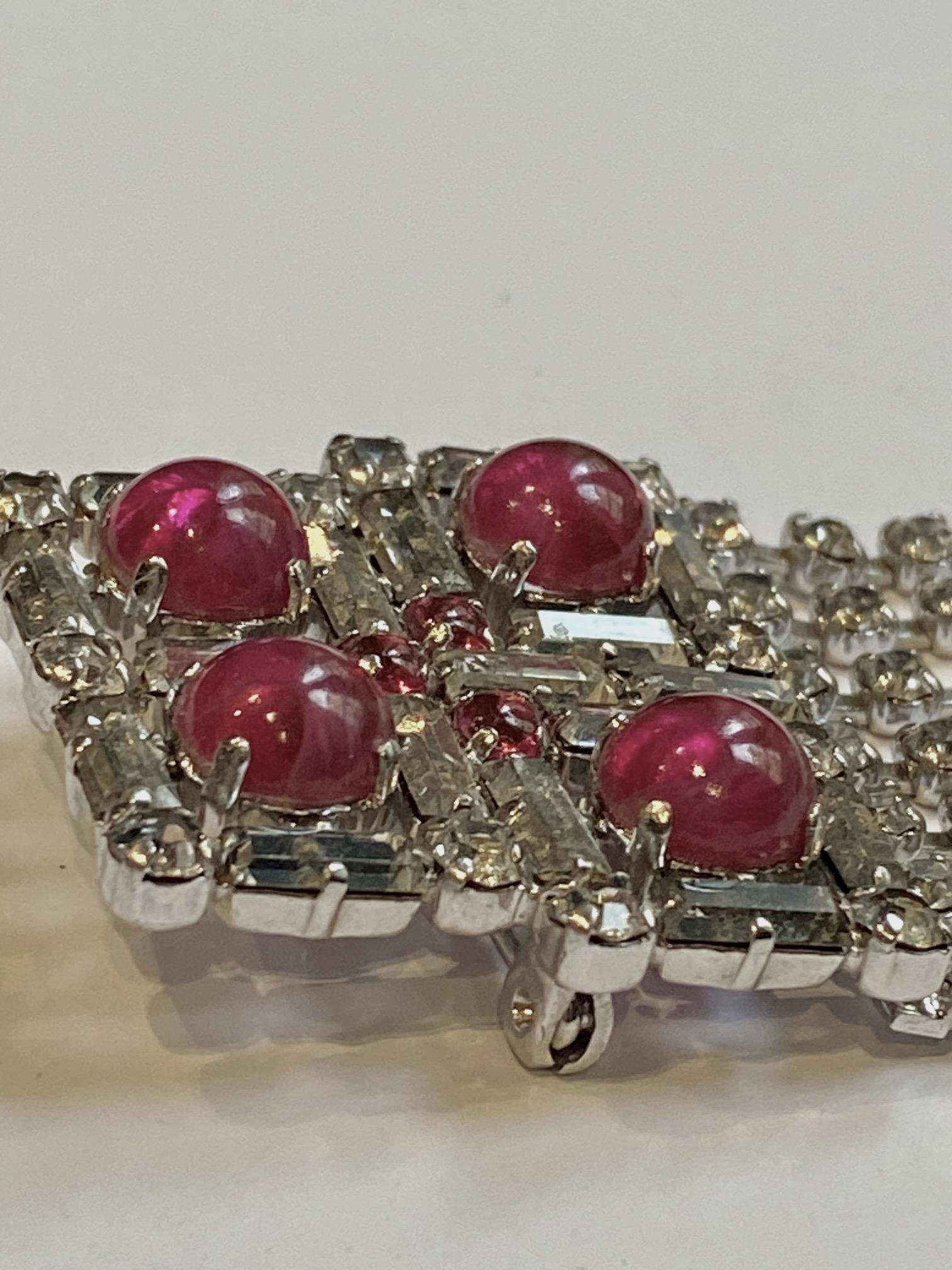Women's or Men's Christian Dior 1970 Red Cabochon & Rhinestone Fringe Brooch