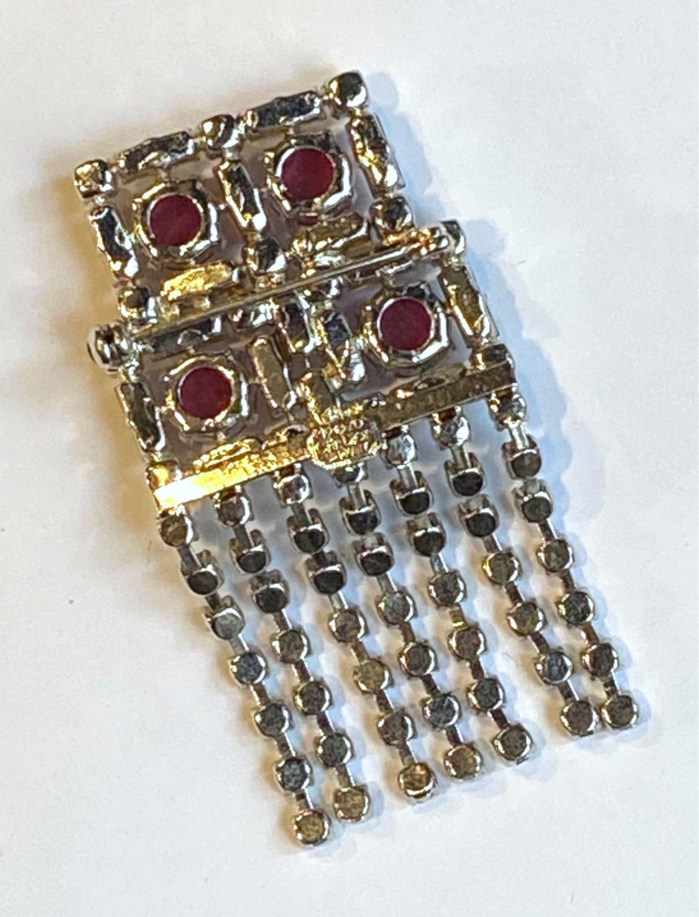 Christian Dior 1970 Red Cabochon & Rhinestone Fringe Brooch 1