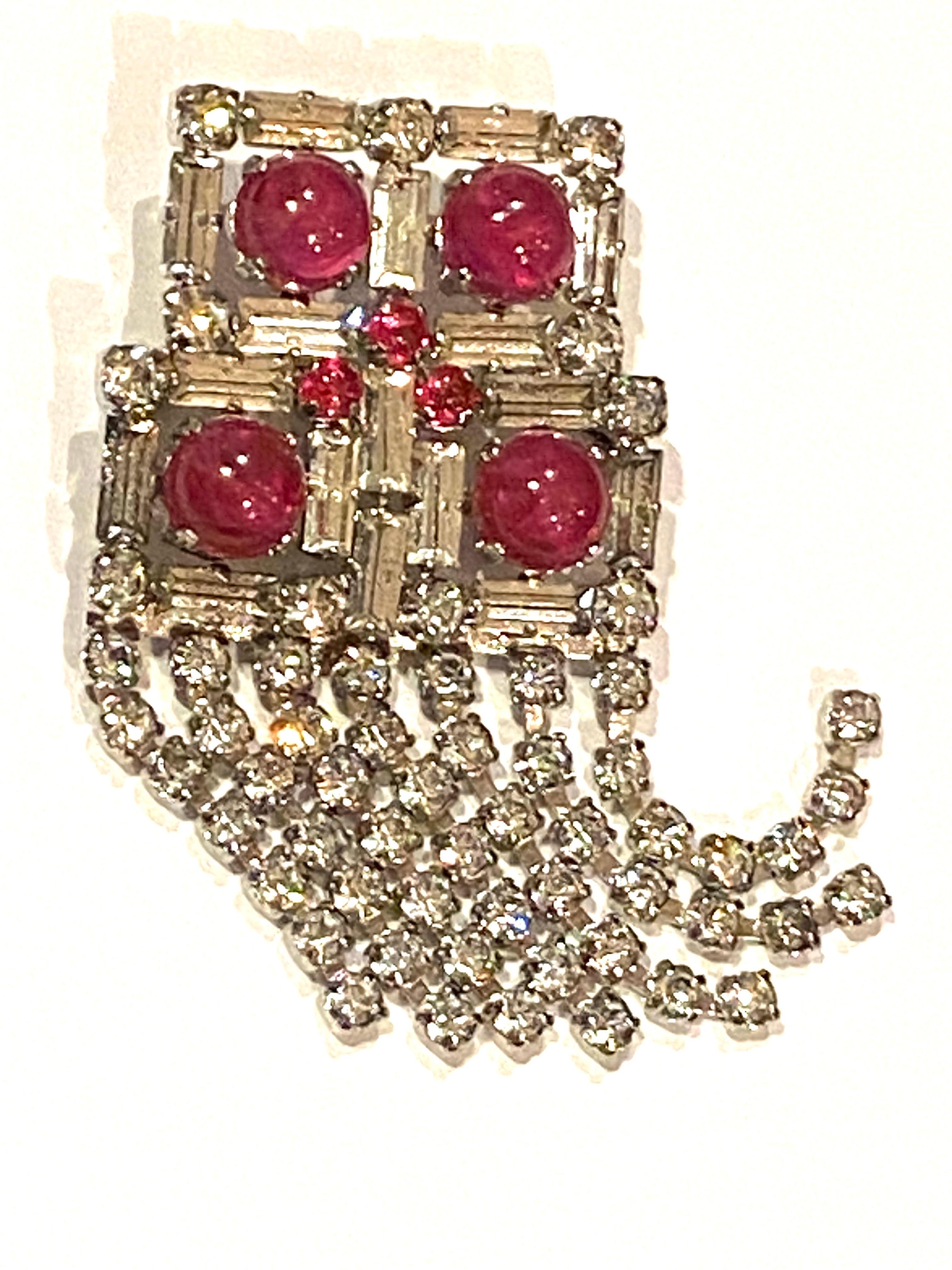 Christian Dior 1970 Red Cabochon & Rhinestone Fringe Brooch 4