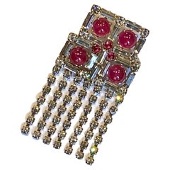 Vintage Christian Dior 1970 Red Cabochon & Rhinestone Fringe Brooch