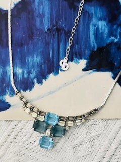 Christian Dior 1970 Vintage Aqua Cross Crystals Rectangle Silver Layer Necklace