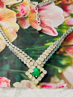 Christian Dior 1970 Vintage Emerald Crystals Square Layer Silver Chain Necklace