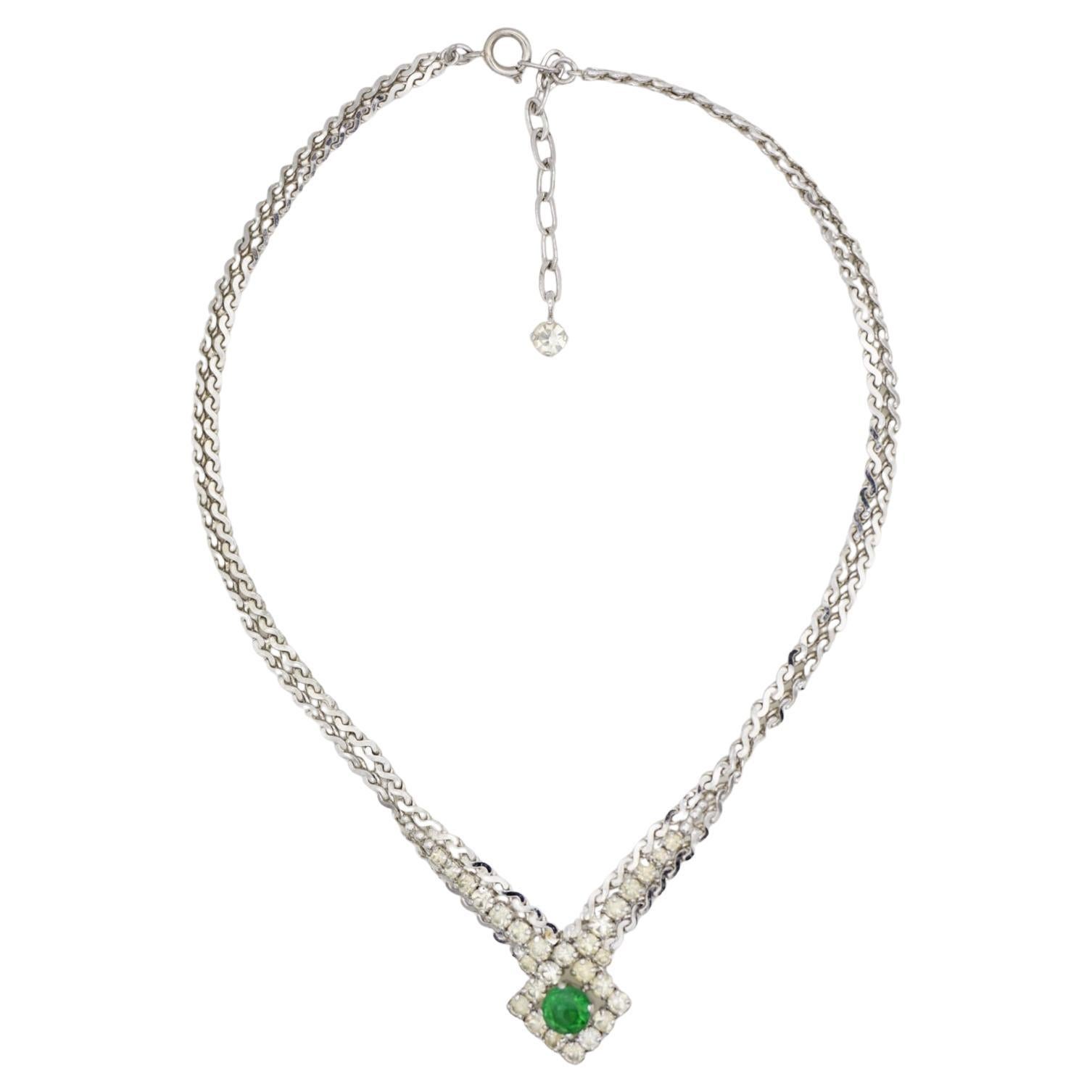 Christian Dior 1970 Vintage Emerald Crystals Square Layer Silver Chain Necklace For Sale