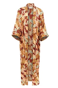 Christian Dior 1970s Burgundy Autumn Leaf Print Satin Robe with Belt