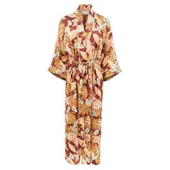 Christian Dior 1970s Burgundy Autumn Leaf Print Satin Robe with Belt