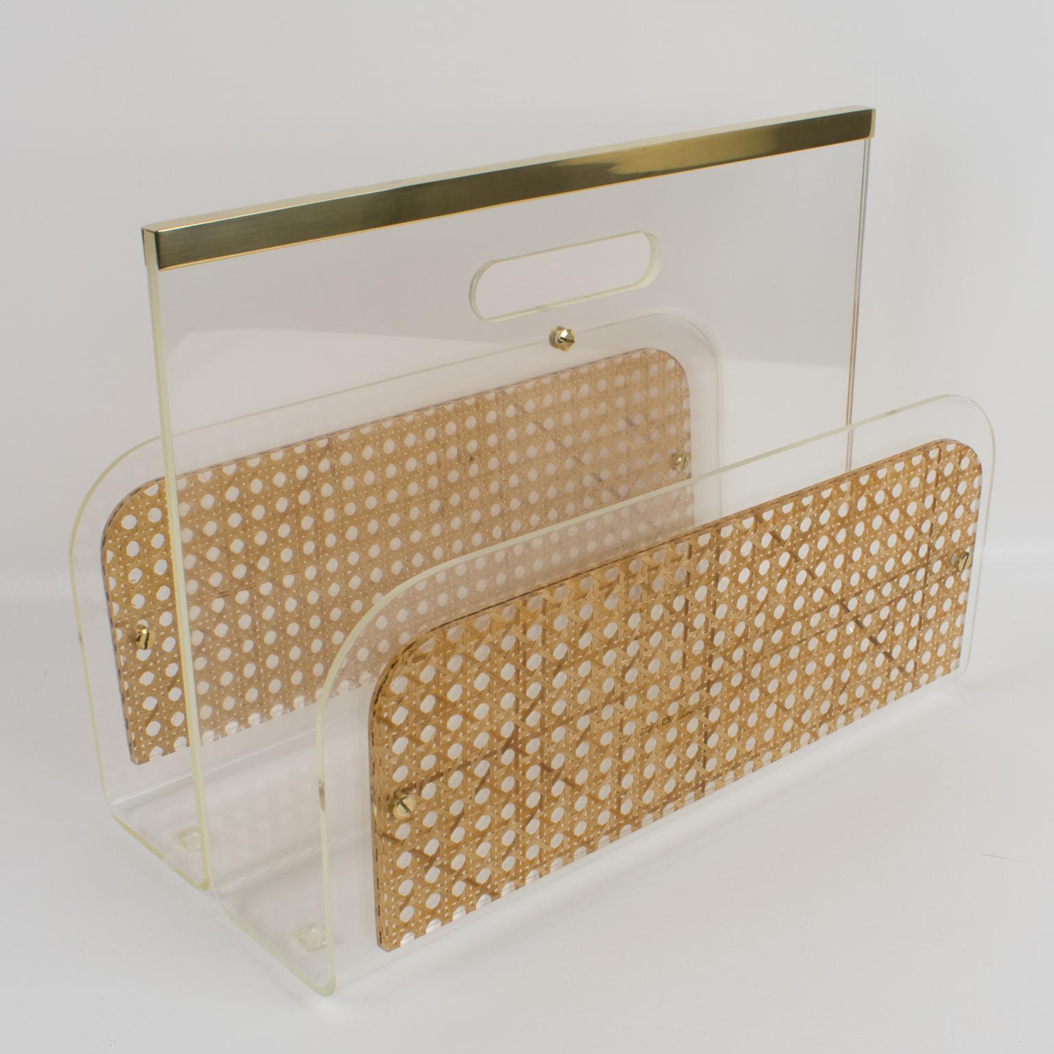 Christian Dior 1970s Lucite and Rattan Magazine Rack Holder In Excellent Condition In Atlanta, GA