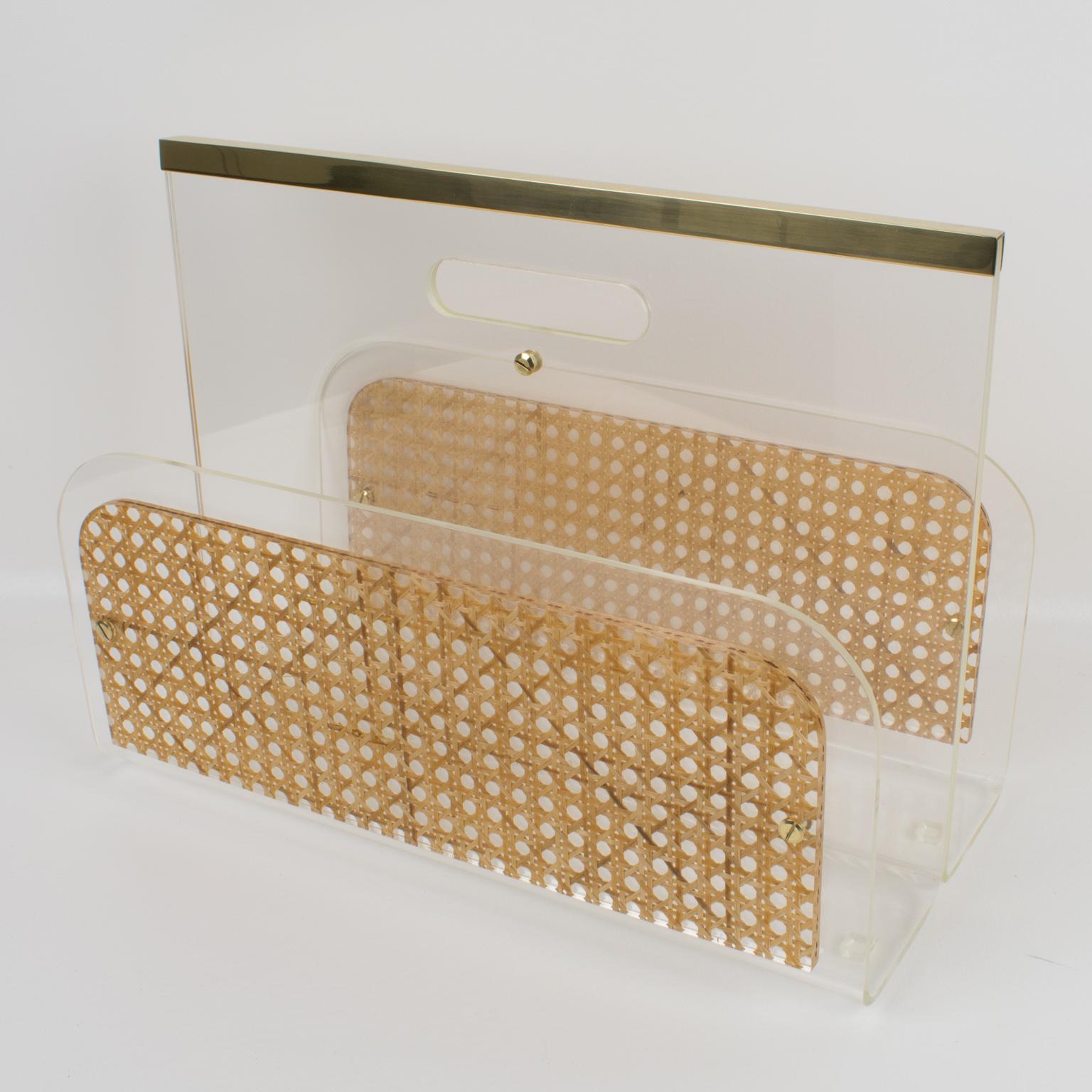 Late 20th Century Christian Dior 1970s Lucite and Rattan Magazine Rack Holder