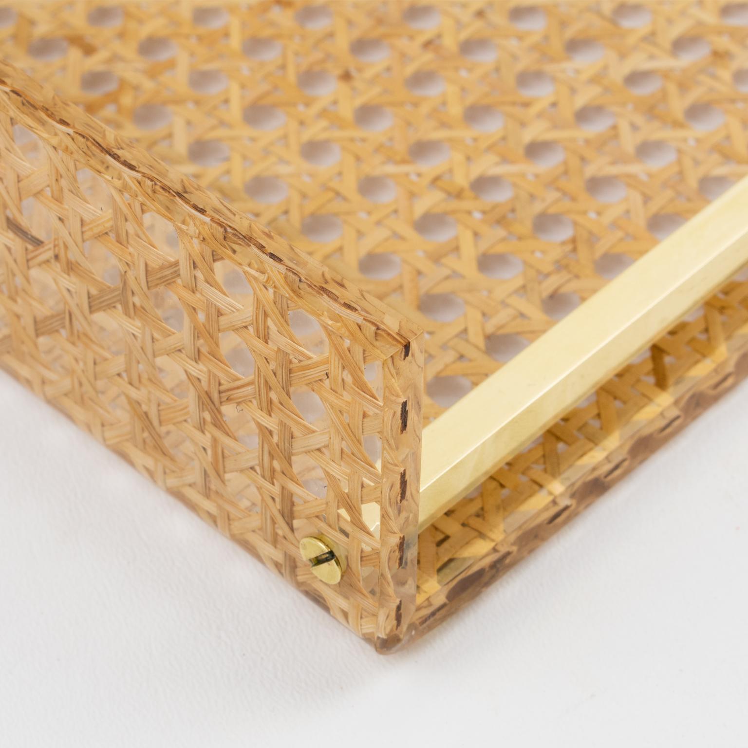 Christian Dior Lucite Rattan and Brass Barware Serving Tray, 1970s 3