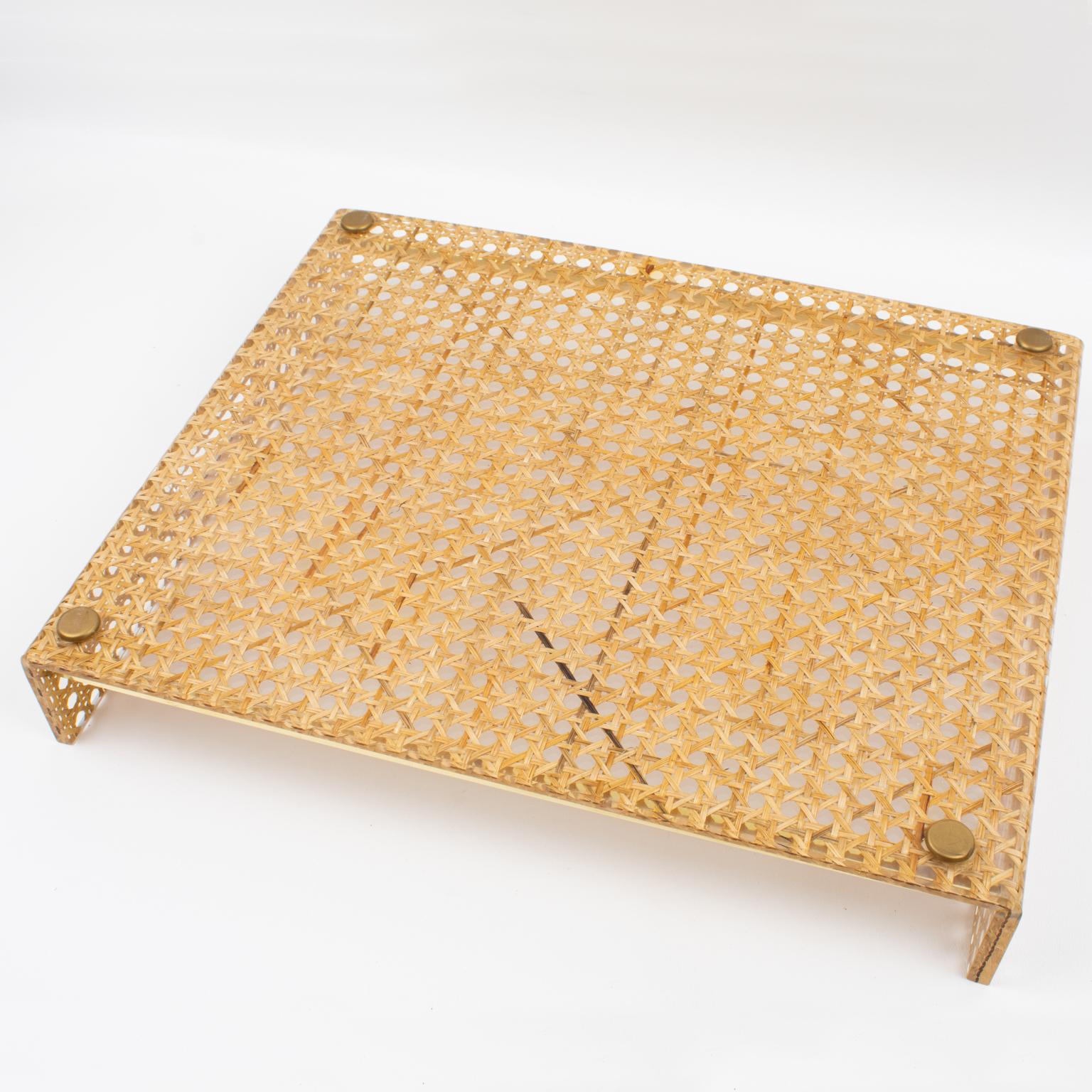 Christian Dior Lucite Rattan and Brass Barware Serving Tray, 1970s 4