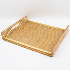 Christian Dior Lucite Rattan and Brass Barware Serving Tray, 1970s