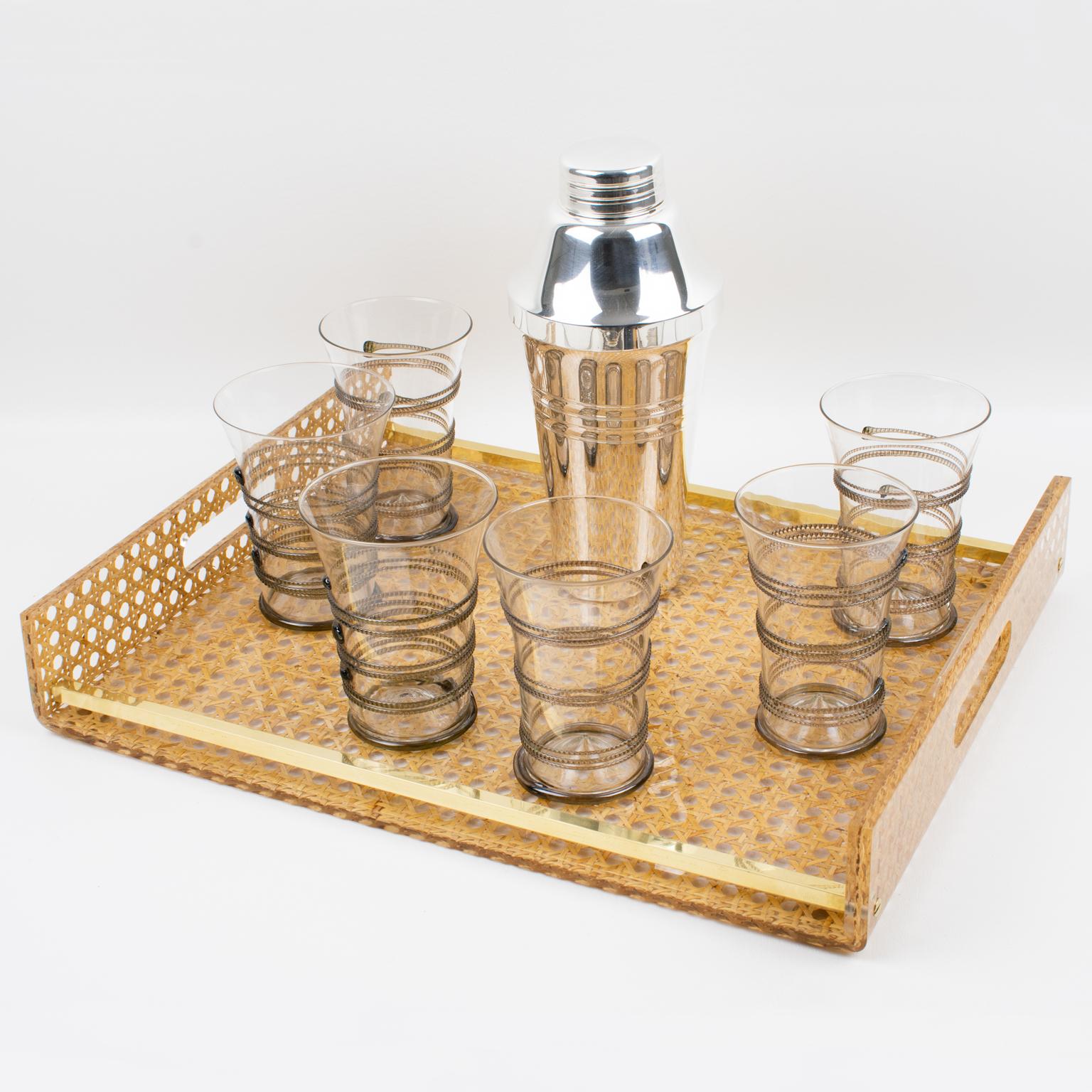 Mid-Century Modern Christian Dior Lucite Rattan and Brass Barware Serving Tray, 1970s