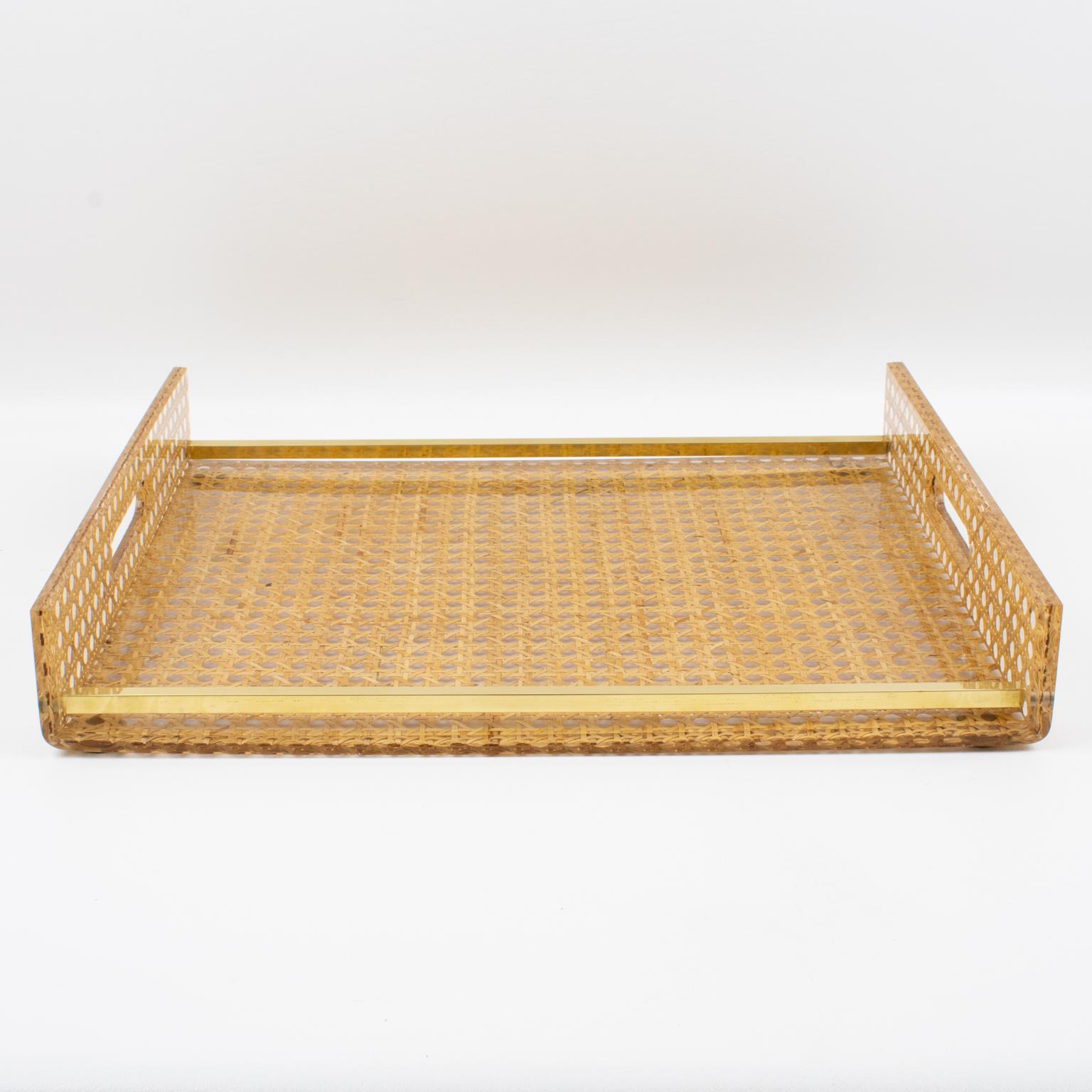 French Christian Dior Lucite Rattan and Brass Barware Serving Tray, 1970s