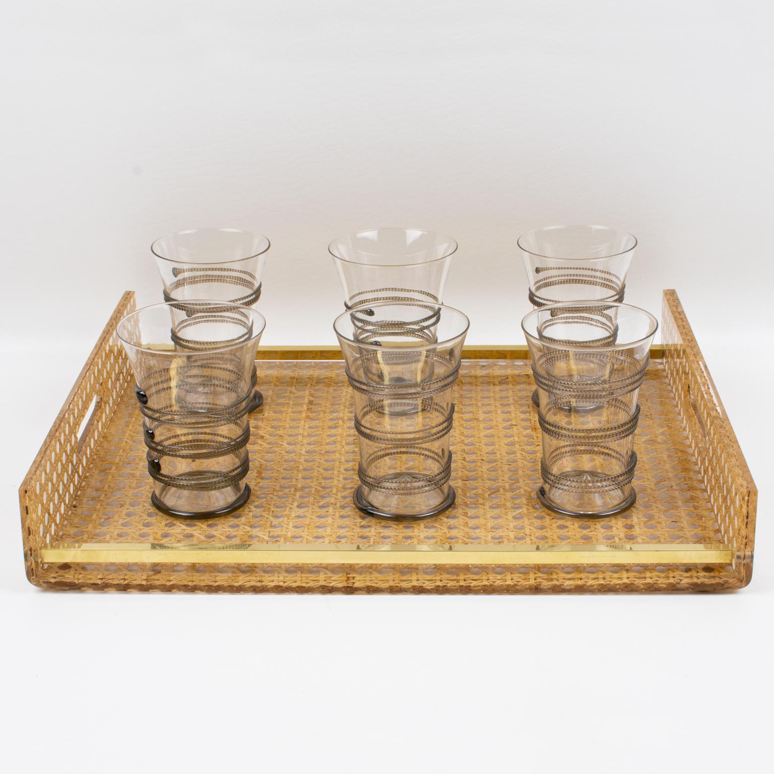 Christian Dior Lucite Rattan and Brass Barware Serving Tray, 1970s In Excellent Condition In Atlanta, GA