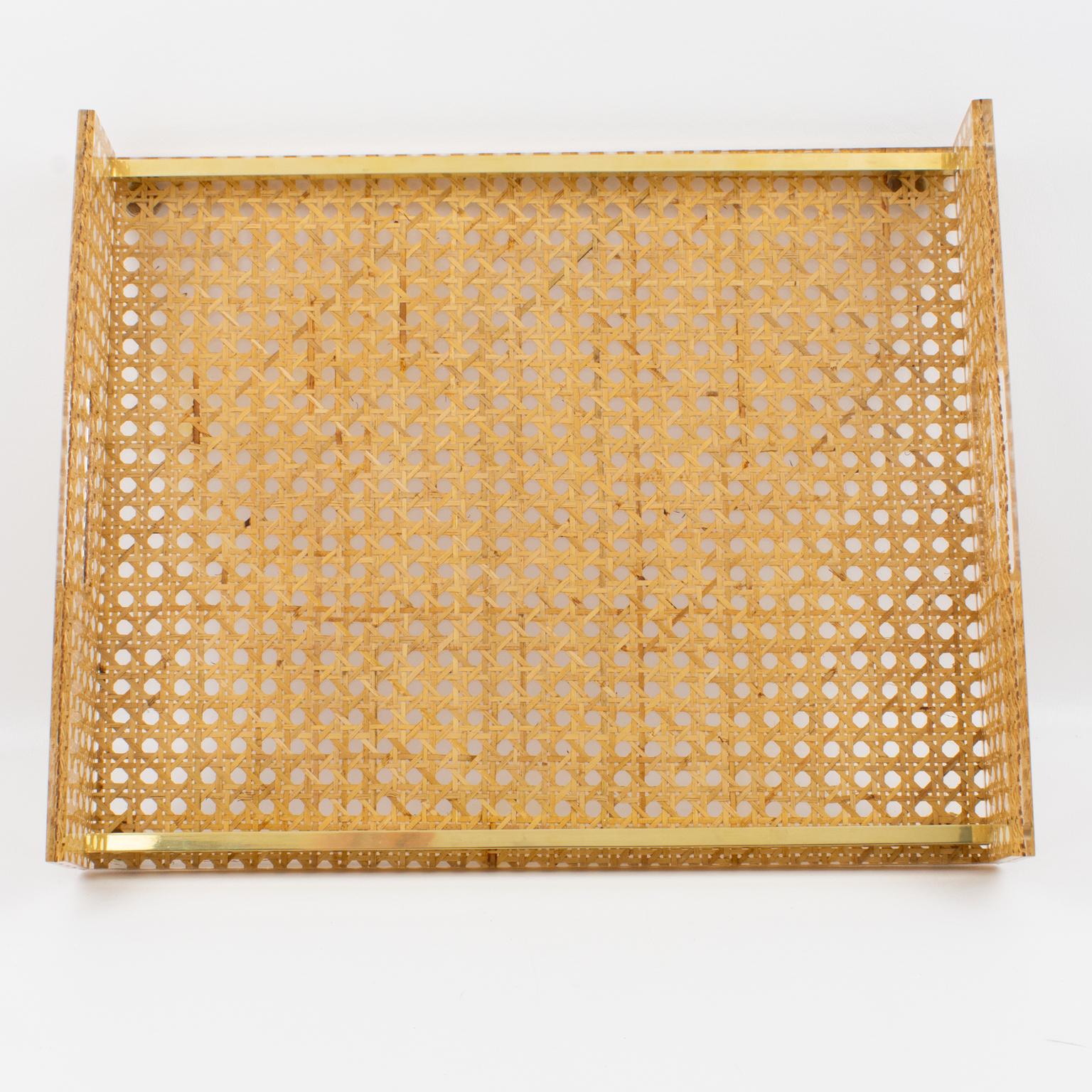 Late 20th Century Christian Dior Lucite Rattan and Brass Barware Serving Tray, 1970s