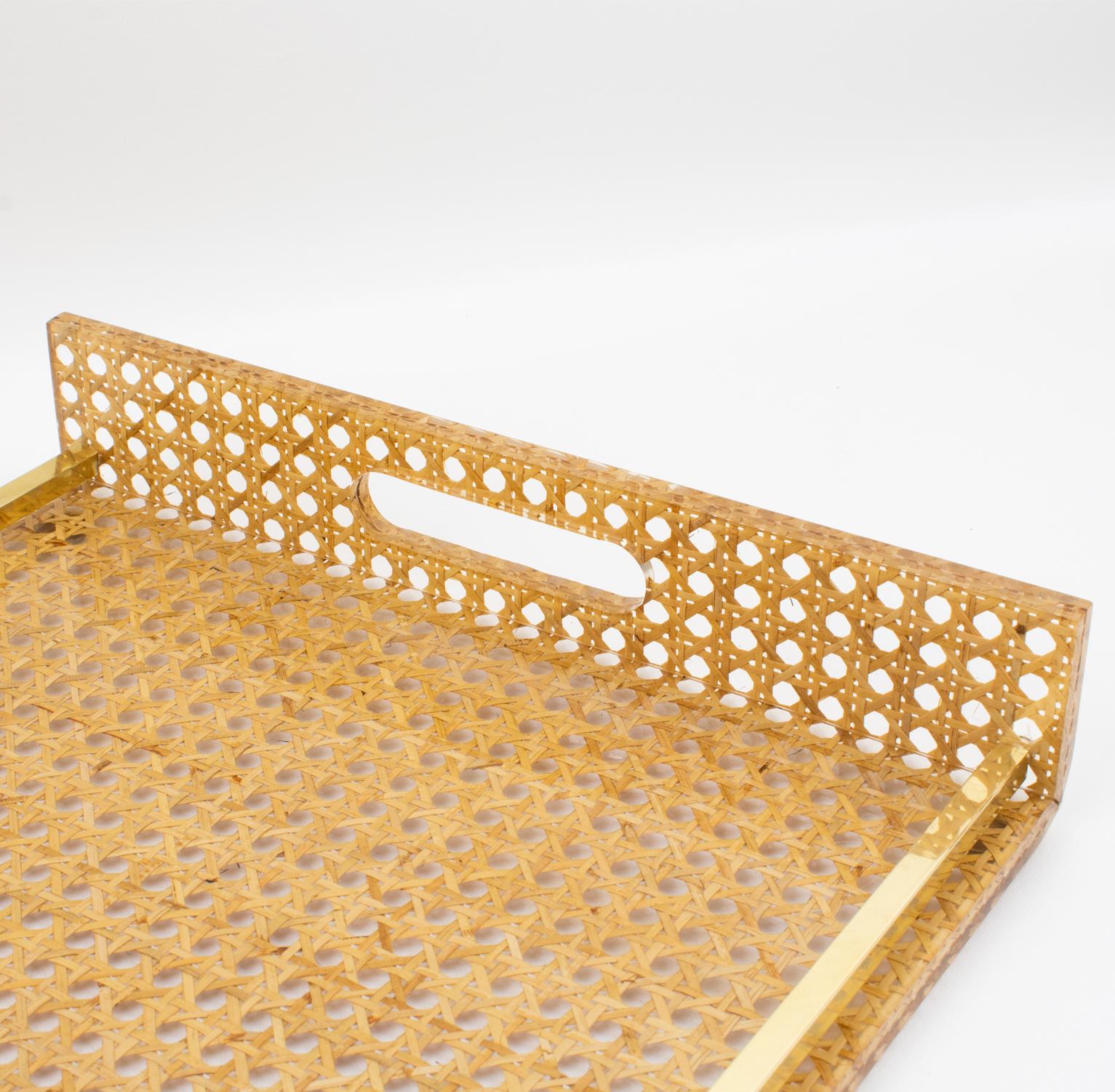 Metal Christian Dior Lucite Rattan and Brass Barware Serving Tray, 1970s