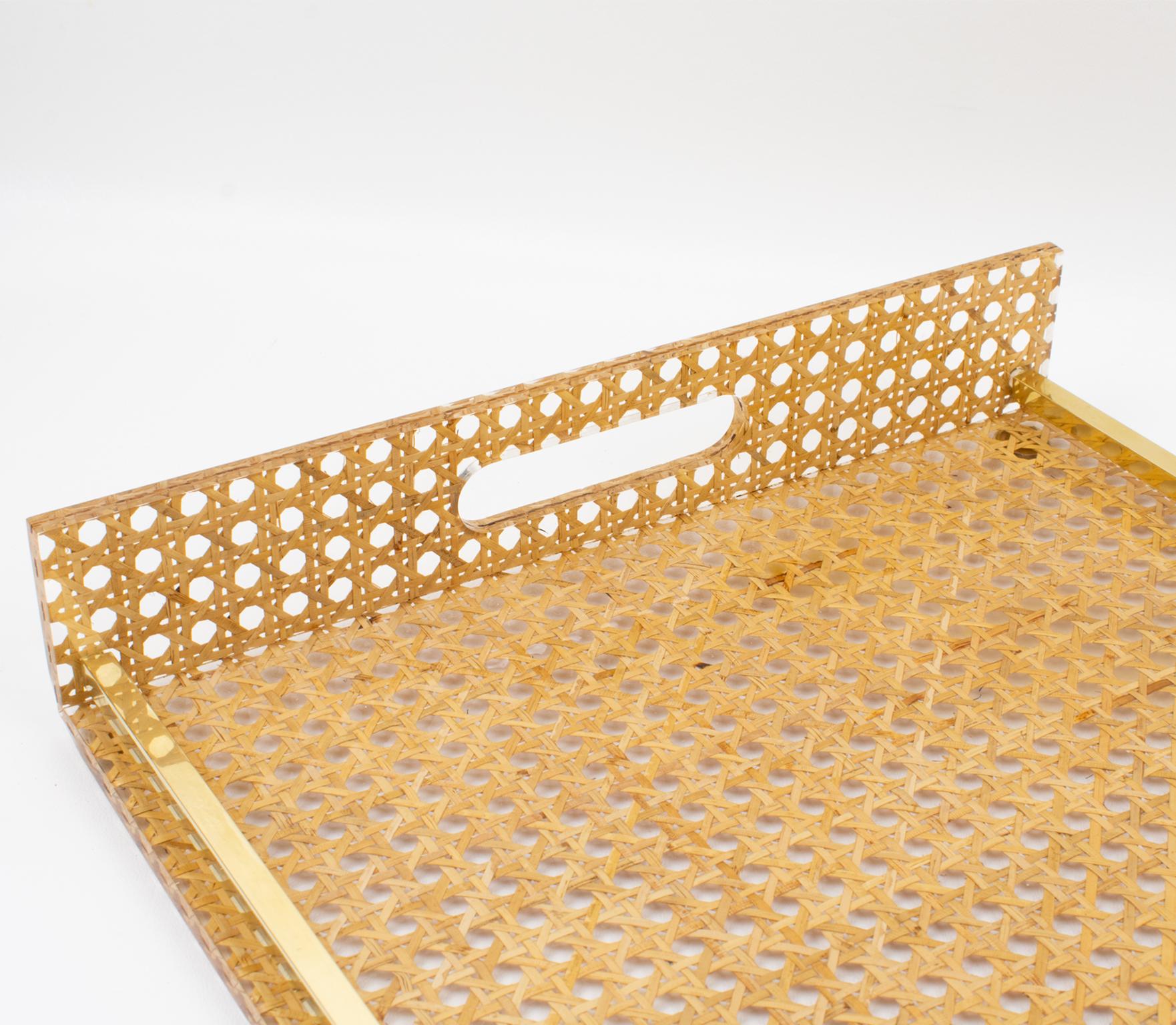 Christian Dior Lucite Rattan and Brass Barware Serving Tray, 1970s 2