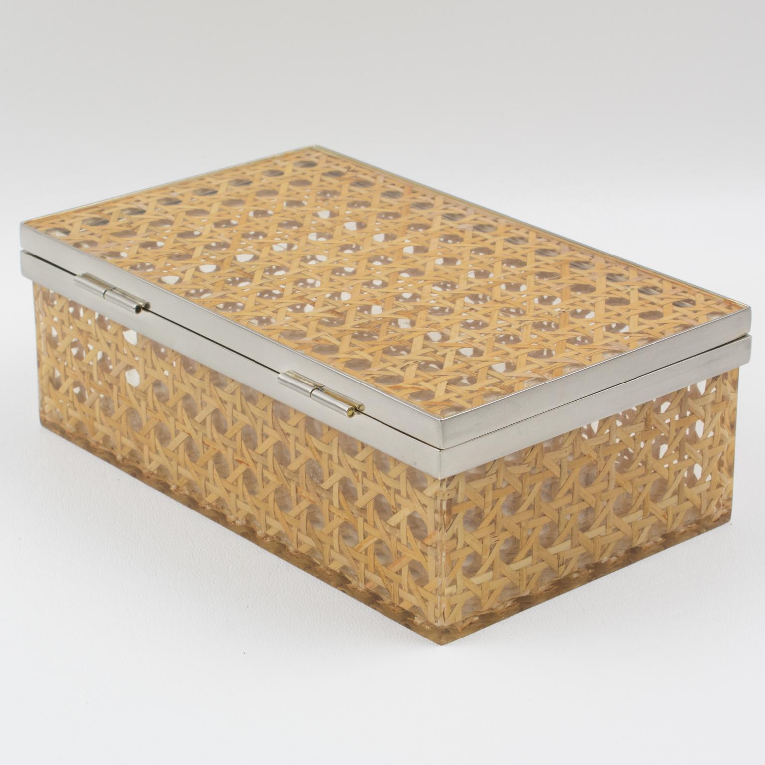 French Christian Dior 1970s Lucite Rattan Chrome Box