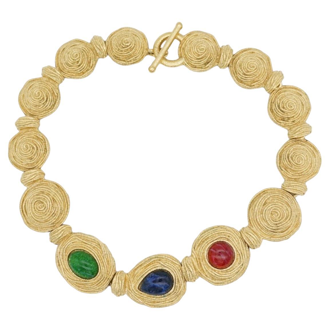 Christian Dior 1970s Ruby Sapphire Emerald Cabochon Spiral Circle Dome Necklace en venta