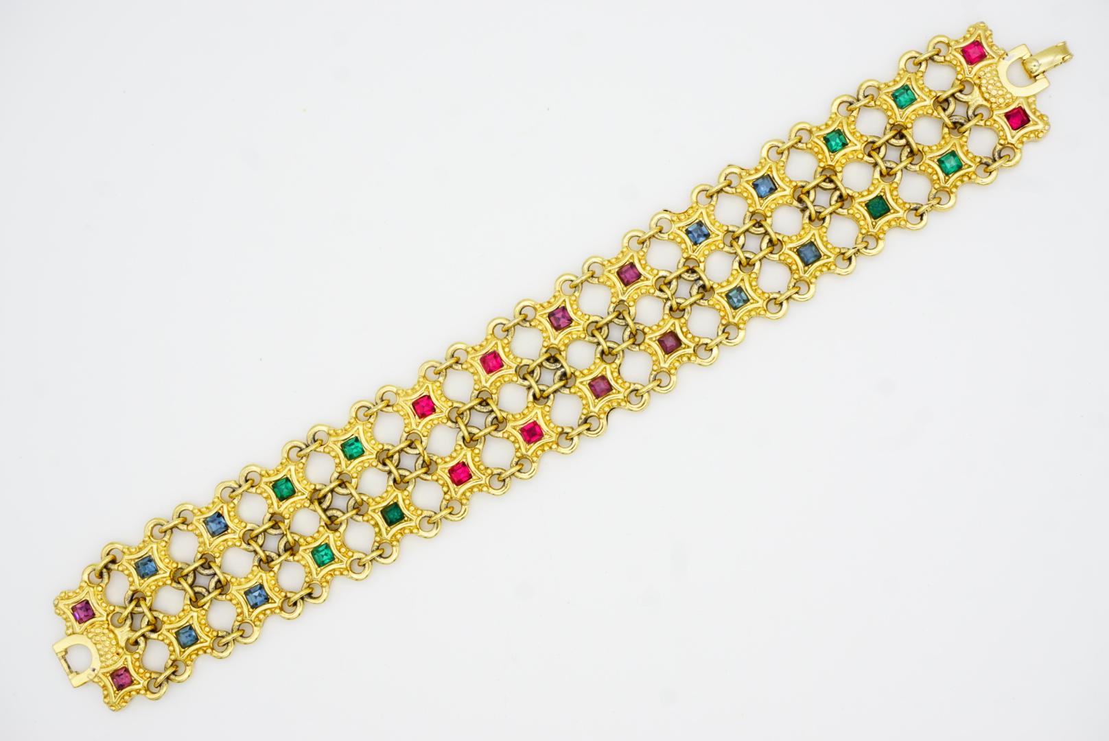 Christian Dior 1970s Ruby Sapphire Emerald Square Double Mesh Openwork Bracelet For Sale 5