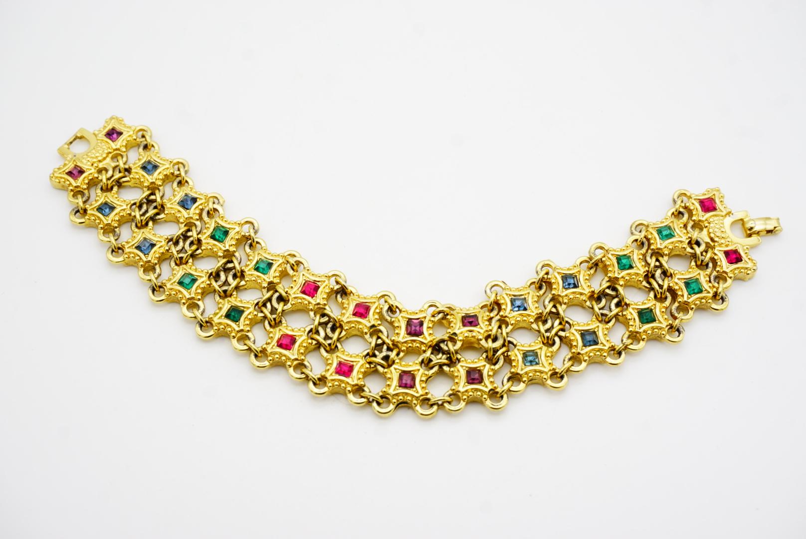 Christian Dior 1970s Ruby Sapphire Emerald Square Double Mesh Openwork Bracelet For Sale 6