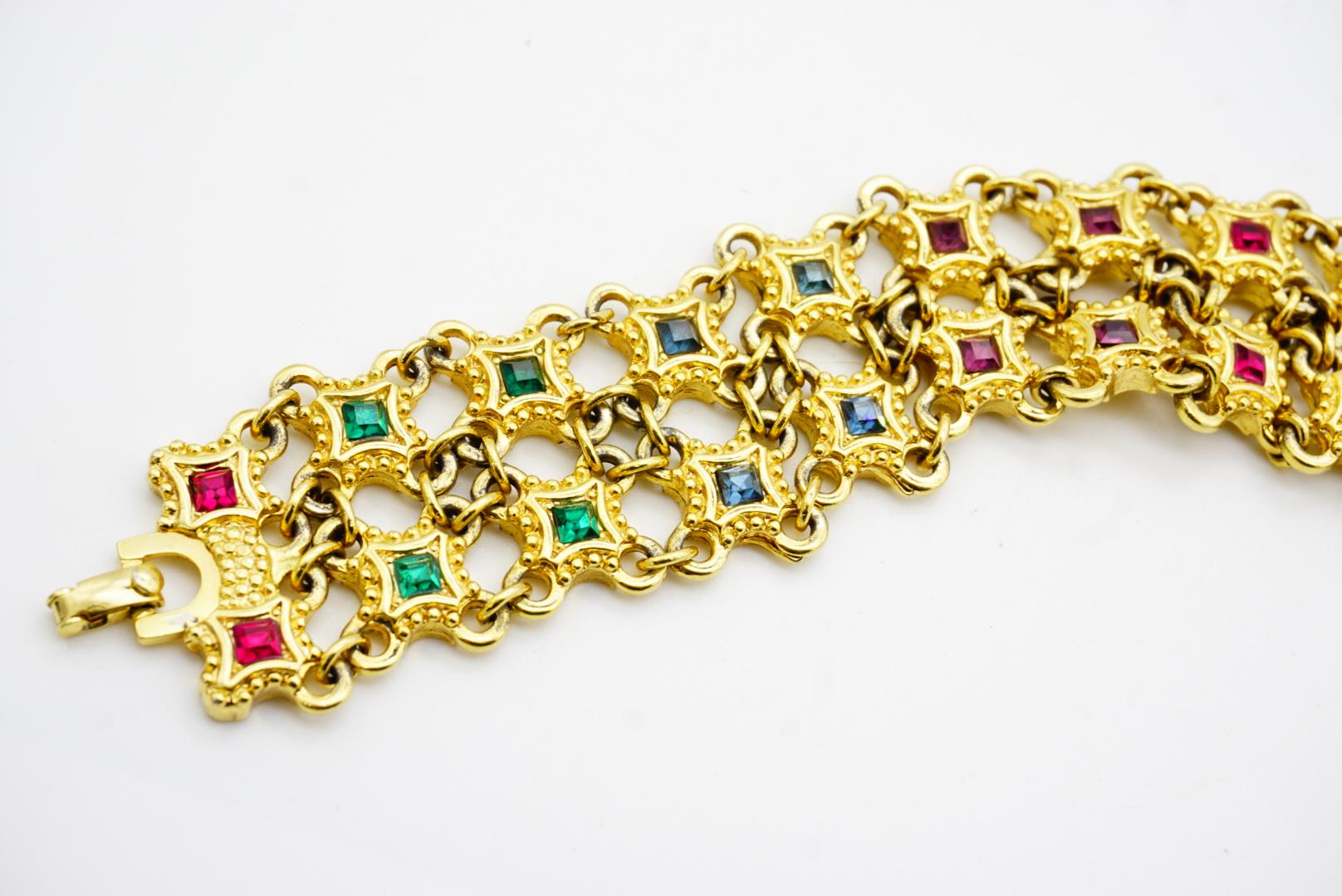 Christian Dior 1970s Ruby Sapphire Emerald Square Double Mesh Openwork Bracelet For Sale 7