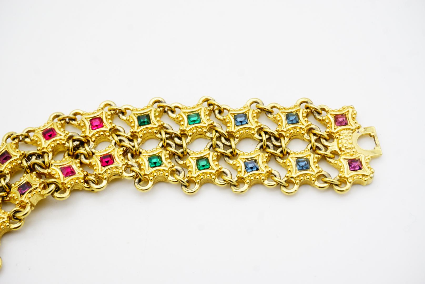Christian Dior 1970s Ruby Sapphire Emerald Square Double Mesh Openwork Bracelet For Sale 8