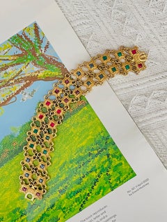 Christian Dior 1970s Ruby Sapphire Emerald Square Double Mesh Openwork Bracelet