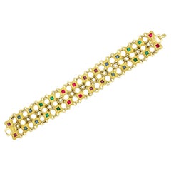 Christian Dior 1970s Ruby Sapphire Emerald Square Double Mesh Openwork Bracelet