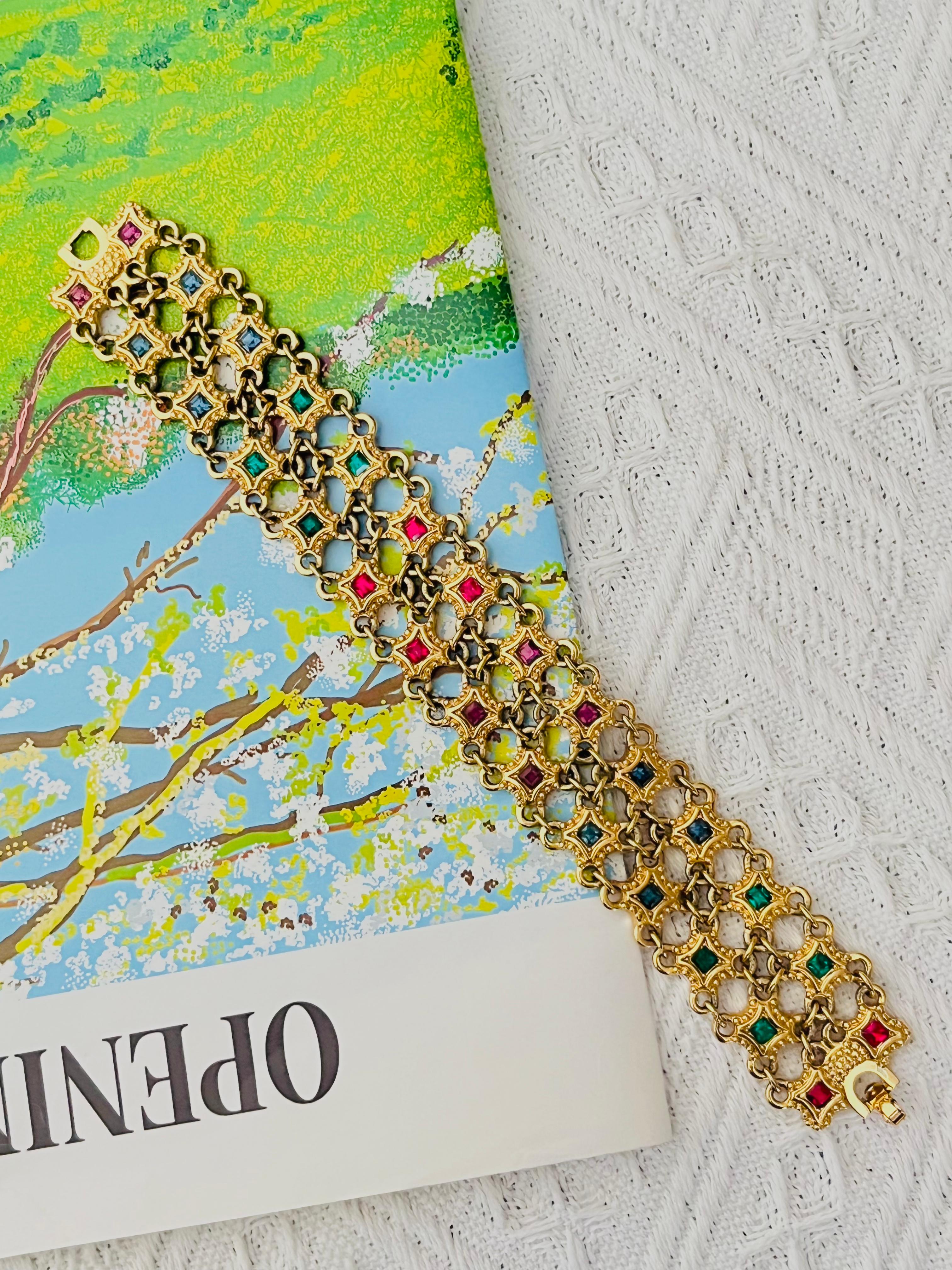 Art Deco Christian Dior 1970s Ruby Sapphire Emerald Square Double Mesh Openwork Bracelet For Sale