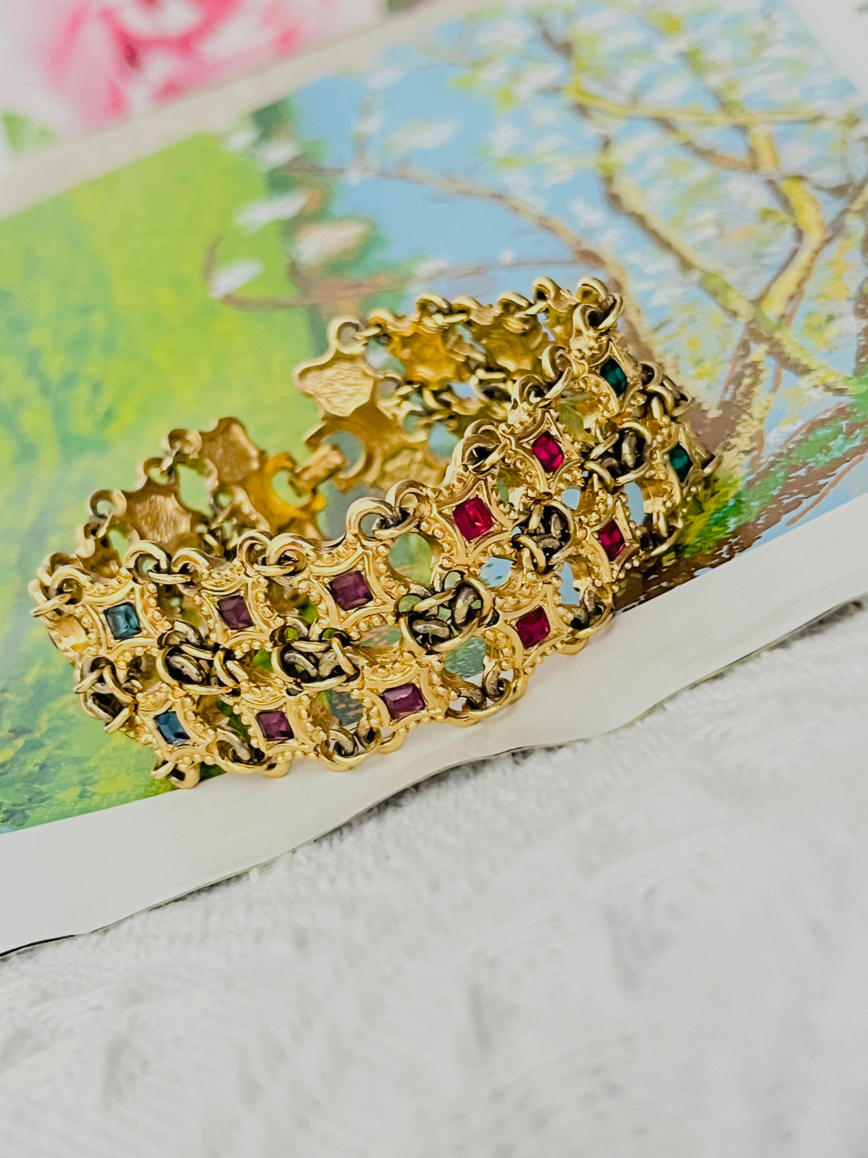 Christian Dior 1970s Ruby Sapphire Emerald Square Double Mesh Openwork Bracelet In Good Condition For Sale In Wokingham, England