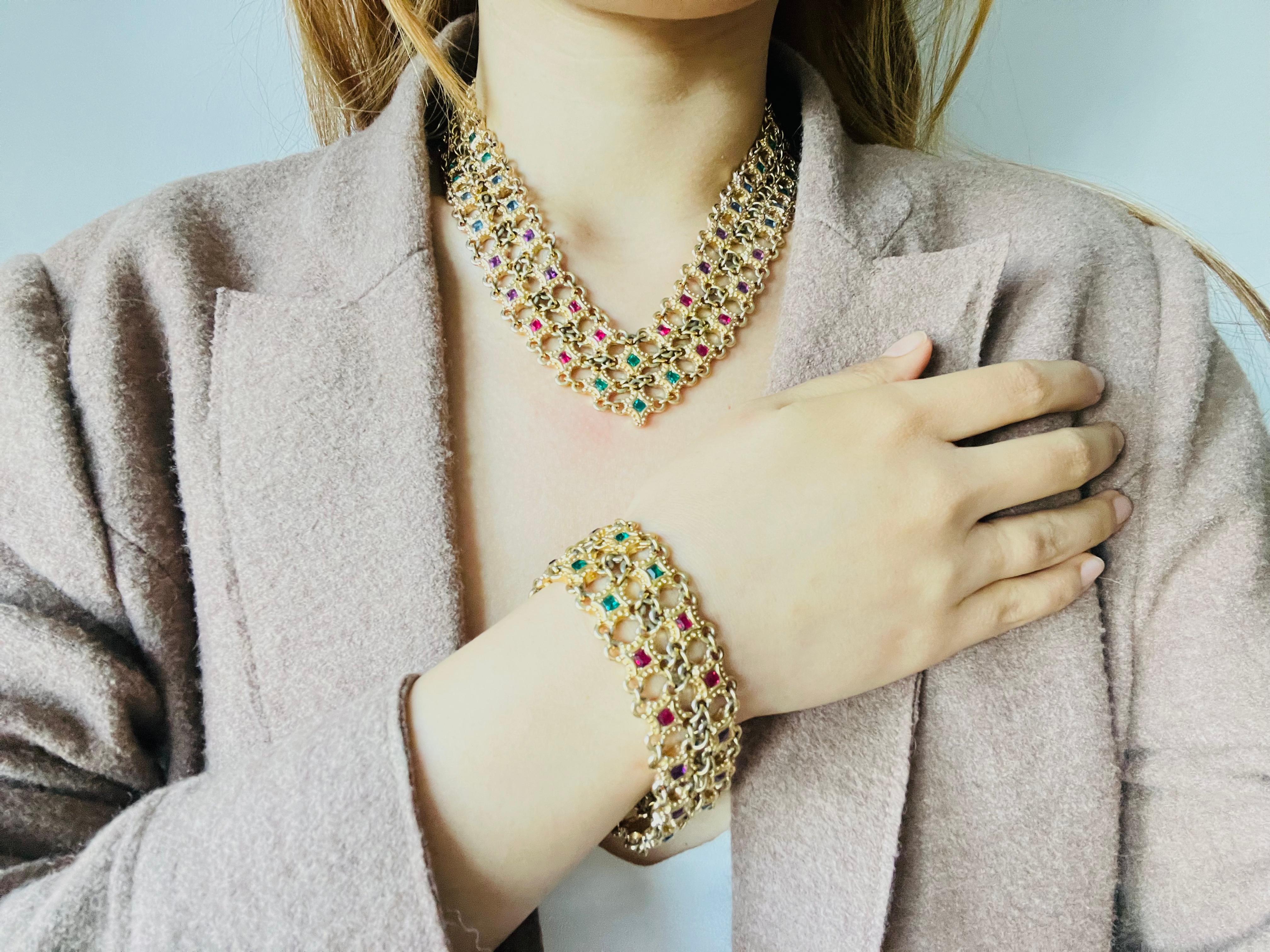 Women's or Men's Christian Dior 1970s Ruby Sapphire Emerald Square Double Mesh Openwork Bracelet For Sale