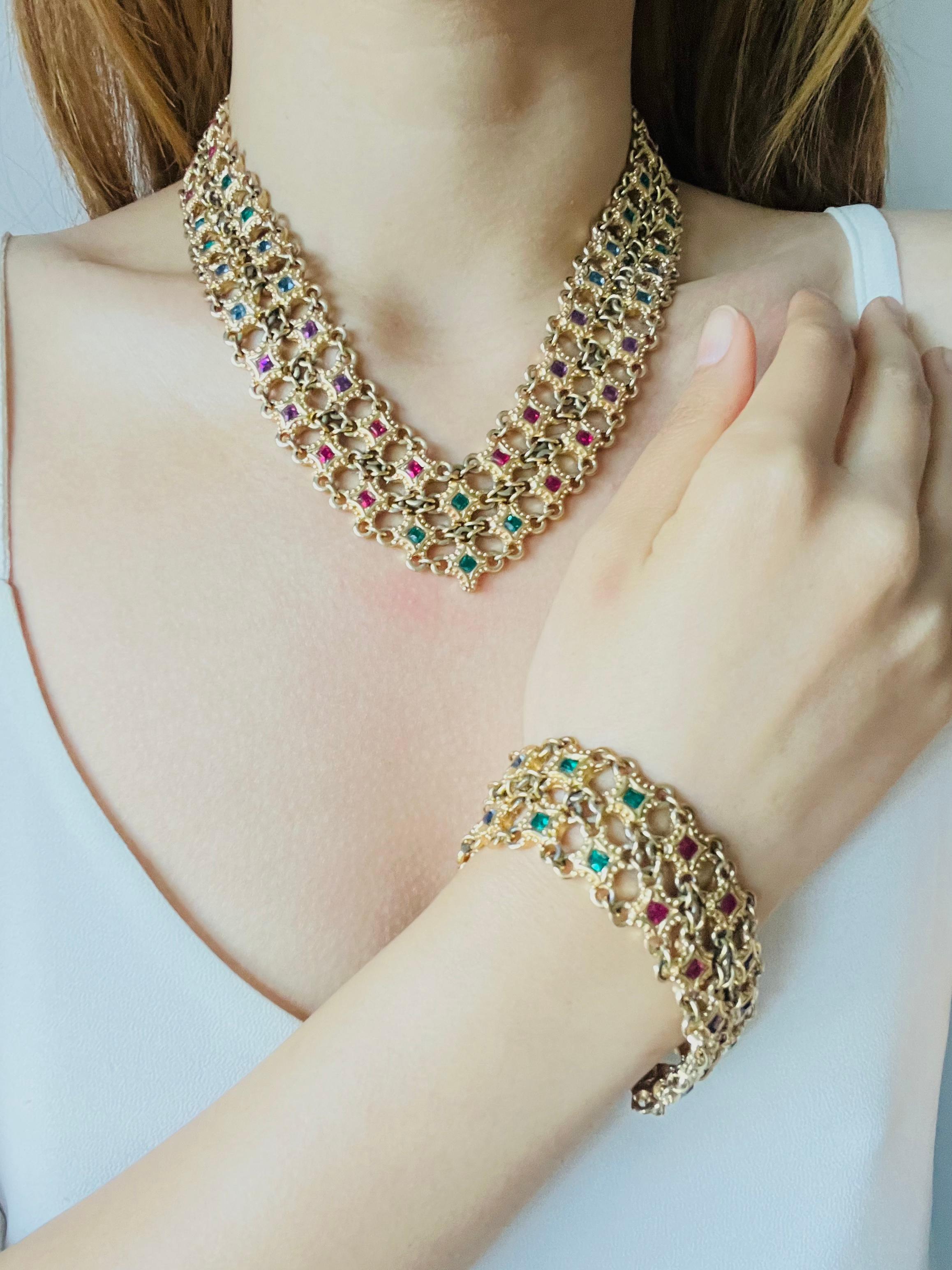 Christian Dior 1970s Ruby Sapphire Emerald Square Double Mesh Openwork Bracelet For Sale 1