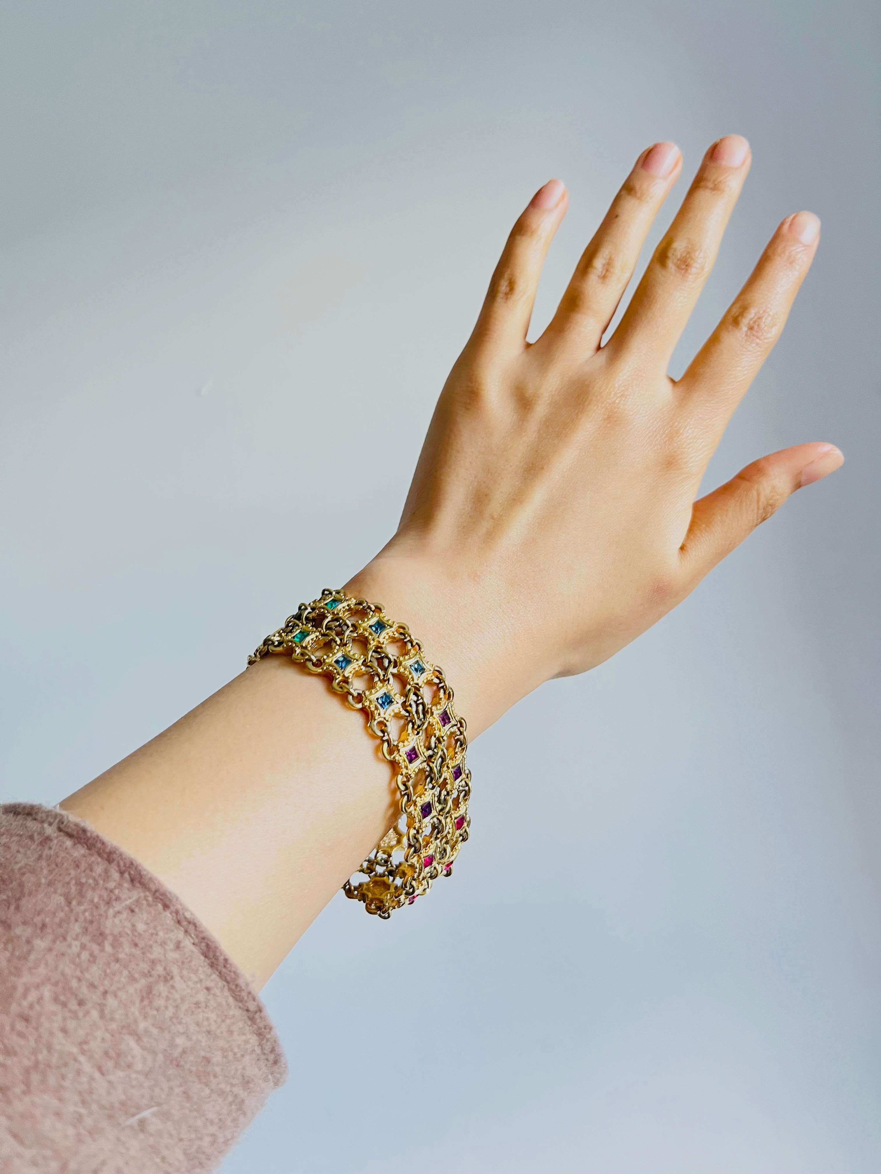 Christian Dior 1970s Ruby Sapphire Emerald Square Double Mesh Openwork Bracelet For Sale 4