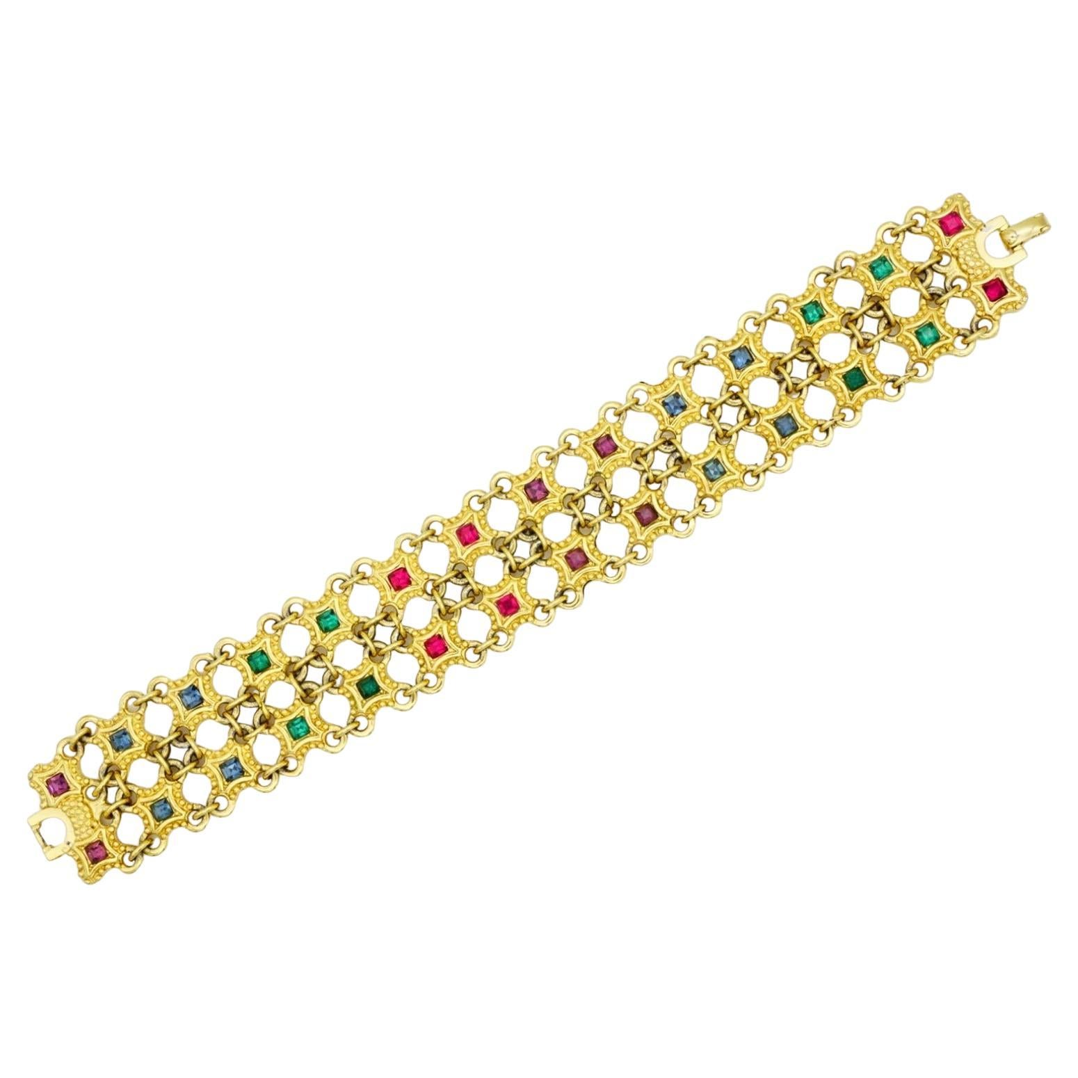 Christian Dior 1970s Ruby Sapphire Emerald Square Double Mesh Openwork Bracelet For Sale