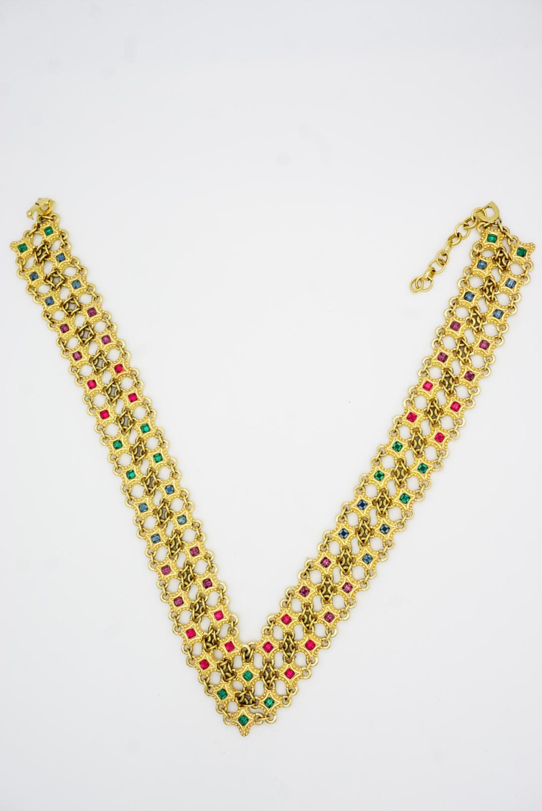 Christian Dior 1970 - Collana quadrata a rete traforata con stelle di smeraldo e rubino in vendita 7