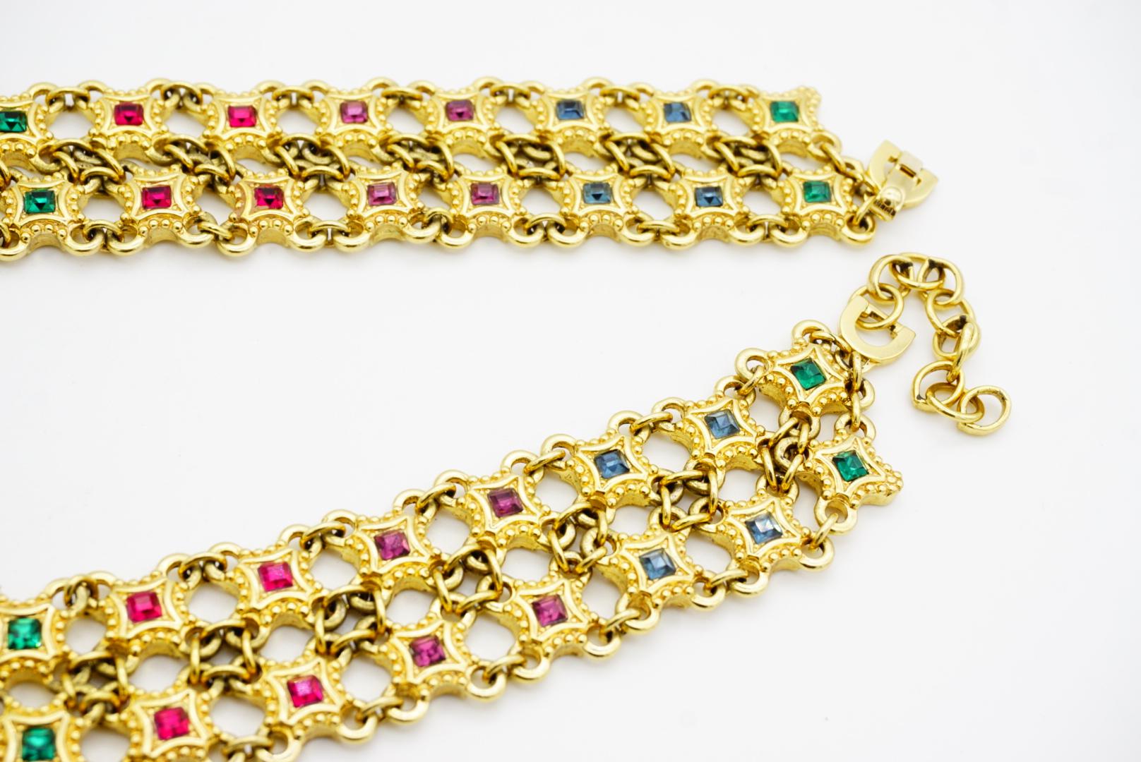 Christian Dior 1970 - Collana quadrata a rete traforata con stelle di smeraldo e rubino in vendita 11