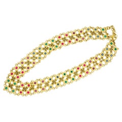 Christian Dior 1970s Ruby Sapphire Emerald Stars Square Mesh Openwork Necklace