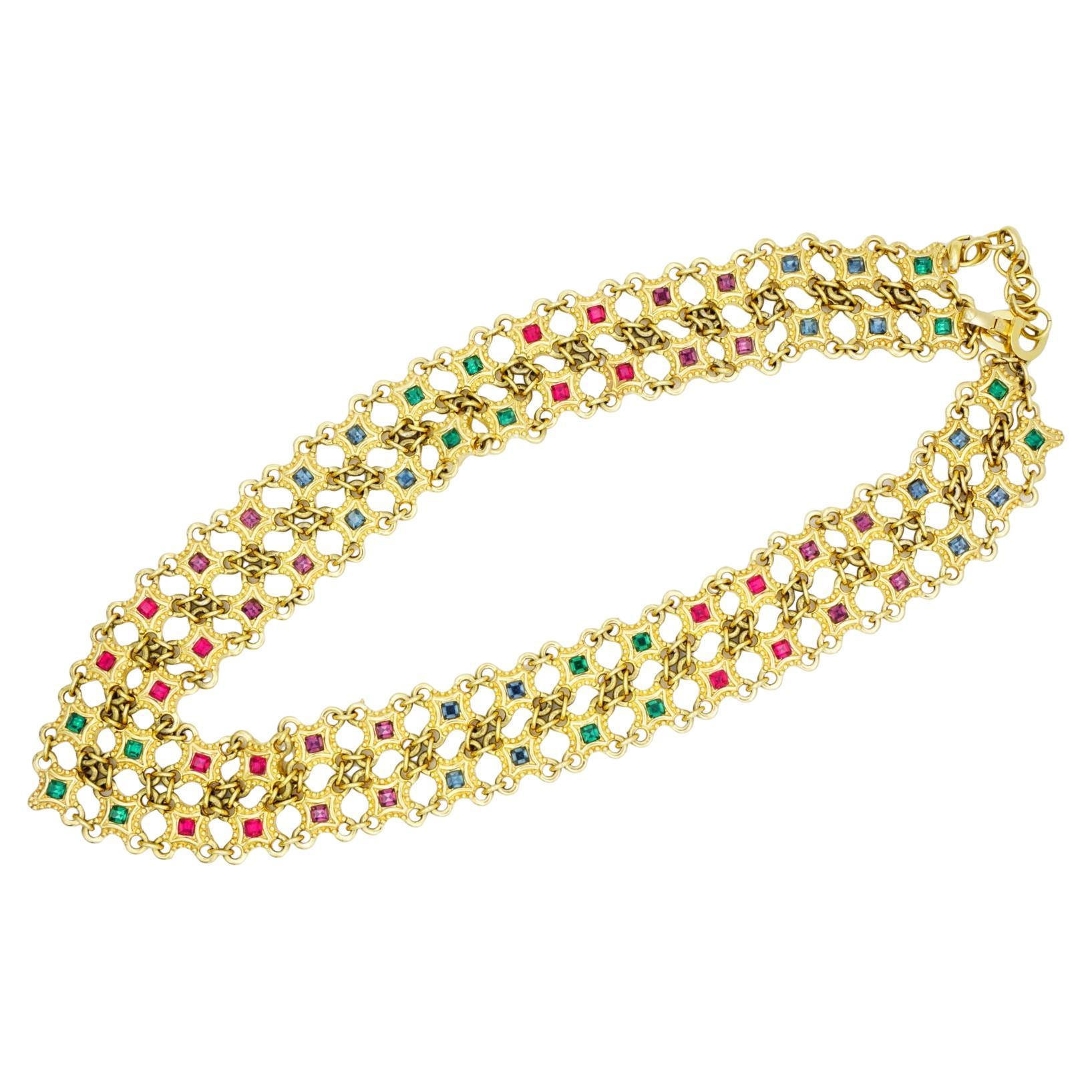 Christian Dior 1970 - Collana quadrata a rete traforata con stelle di smeraldo e rubino in vendita