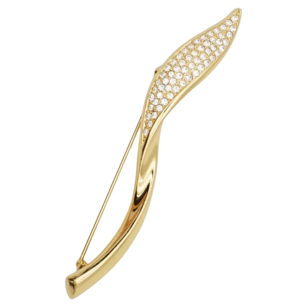 Christian Dior 1970s Vintage Extra Long Swirl Leaf Crystals Modernist Brooch For Sale