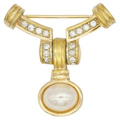 Christian Dior 1970s Vintage Gold Movable White Oval Pearl Crystals Badge Brooch