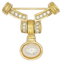 Christian Dior 1970s Vintage Gold Movable White Oval Pearl Crystals Badge Brooch