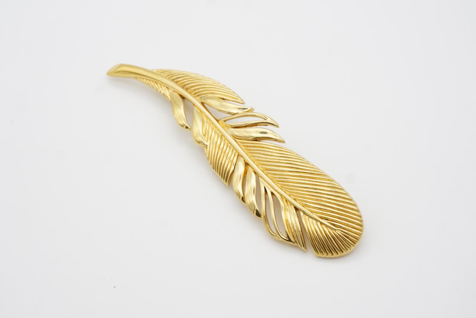Christian Dior 1970s Vintage Huge Openwork Large Long Feather Leaf Gold Brooch 2