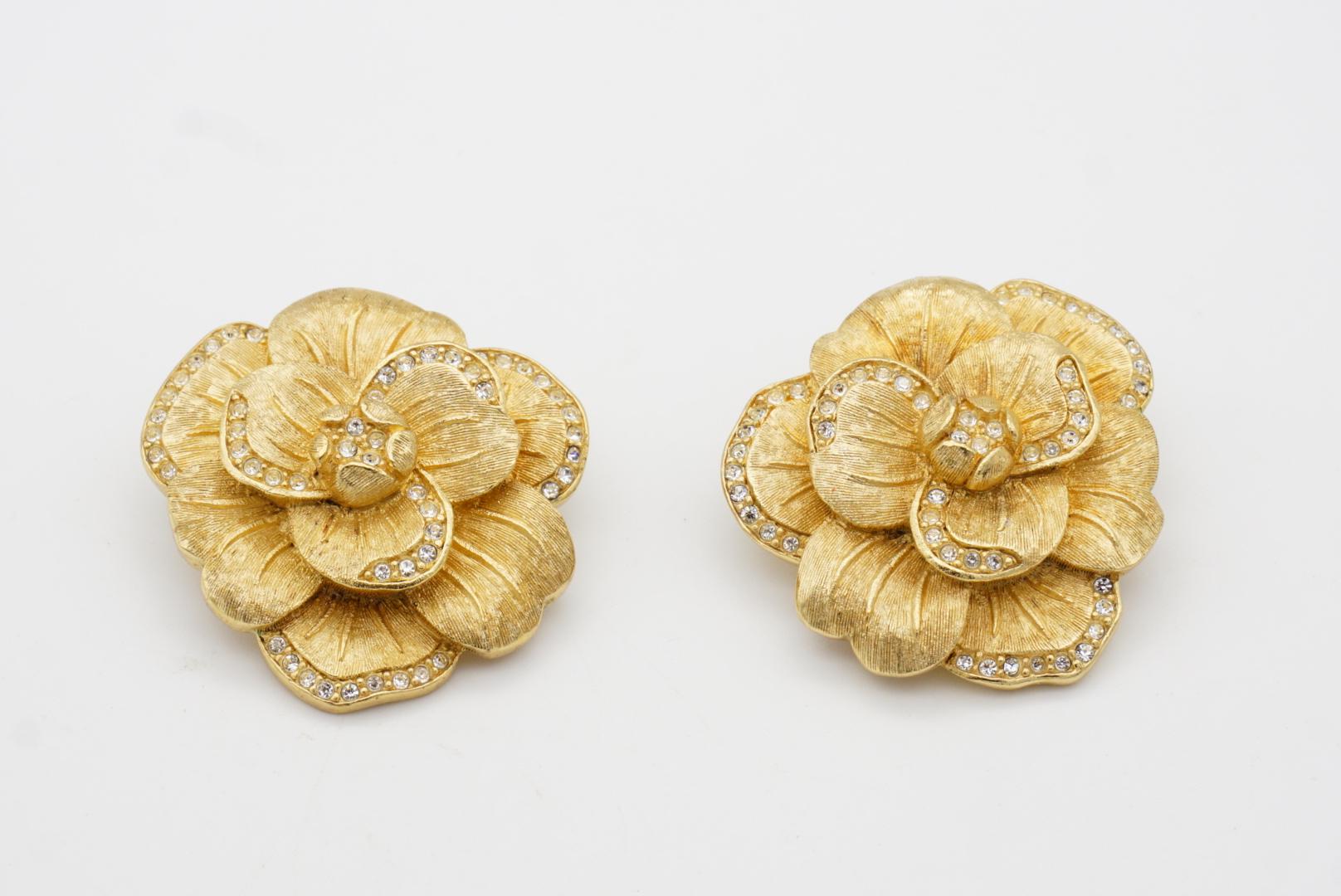 Christian Dior 1970s Vintage Large Camellia Crystals Layer Rose Flower Earrings For Sale 3