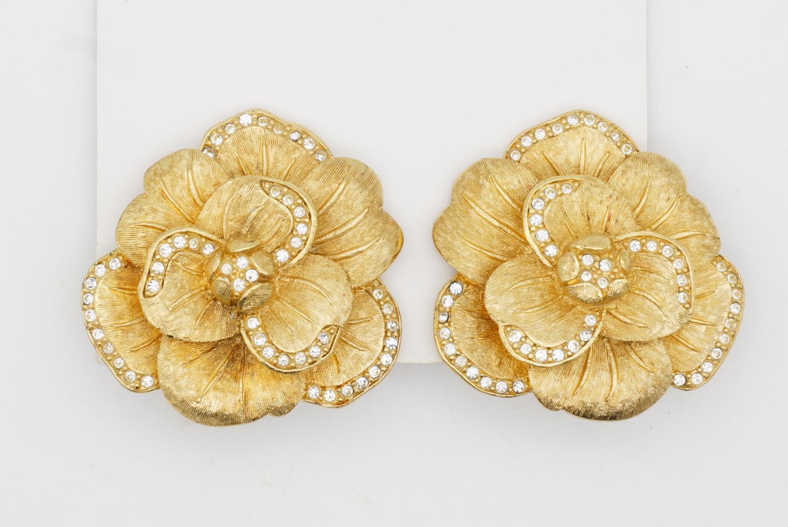 Christian Dior 1970s Vintage Large Camellia Crystals Layer Rose Flower Earrings For Sale 4